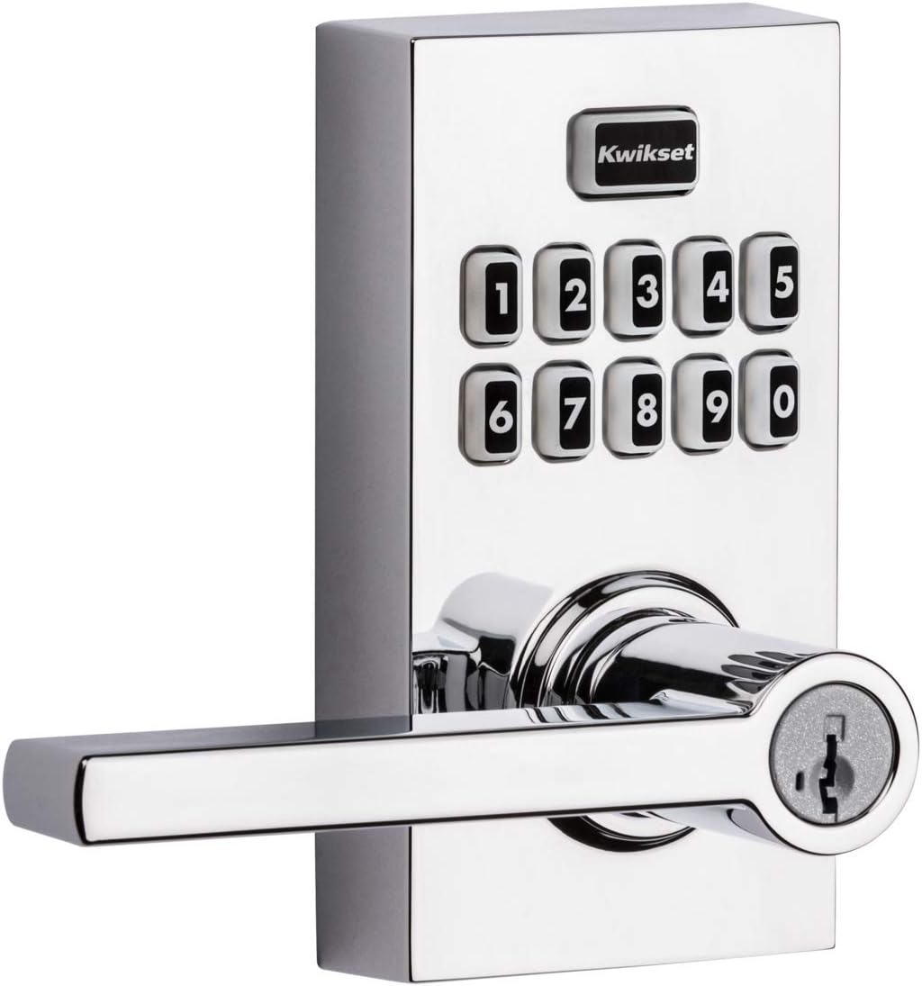 Kwikset 99170-003 SmartCode 917 Keypad Keyless Entry Contemporary Residential Electronic Lever Lock Deadbolt Alternative with Halifax Door Handle and SmartKey Security, Satin Nickel