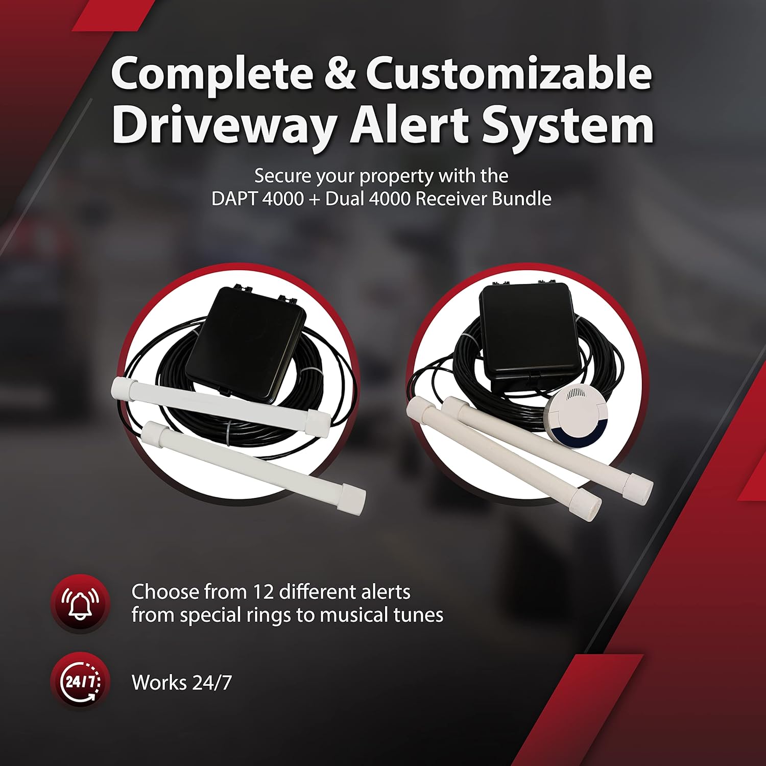 Dakota Alert DUAL-4000 Security System | Combines DAPT-4000 Driveway Alarm Transmitter with DCR-4000 Receiver | Has 2 Probes to Detect Vehicles Coming & Going up to 1 Mile Away*