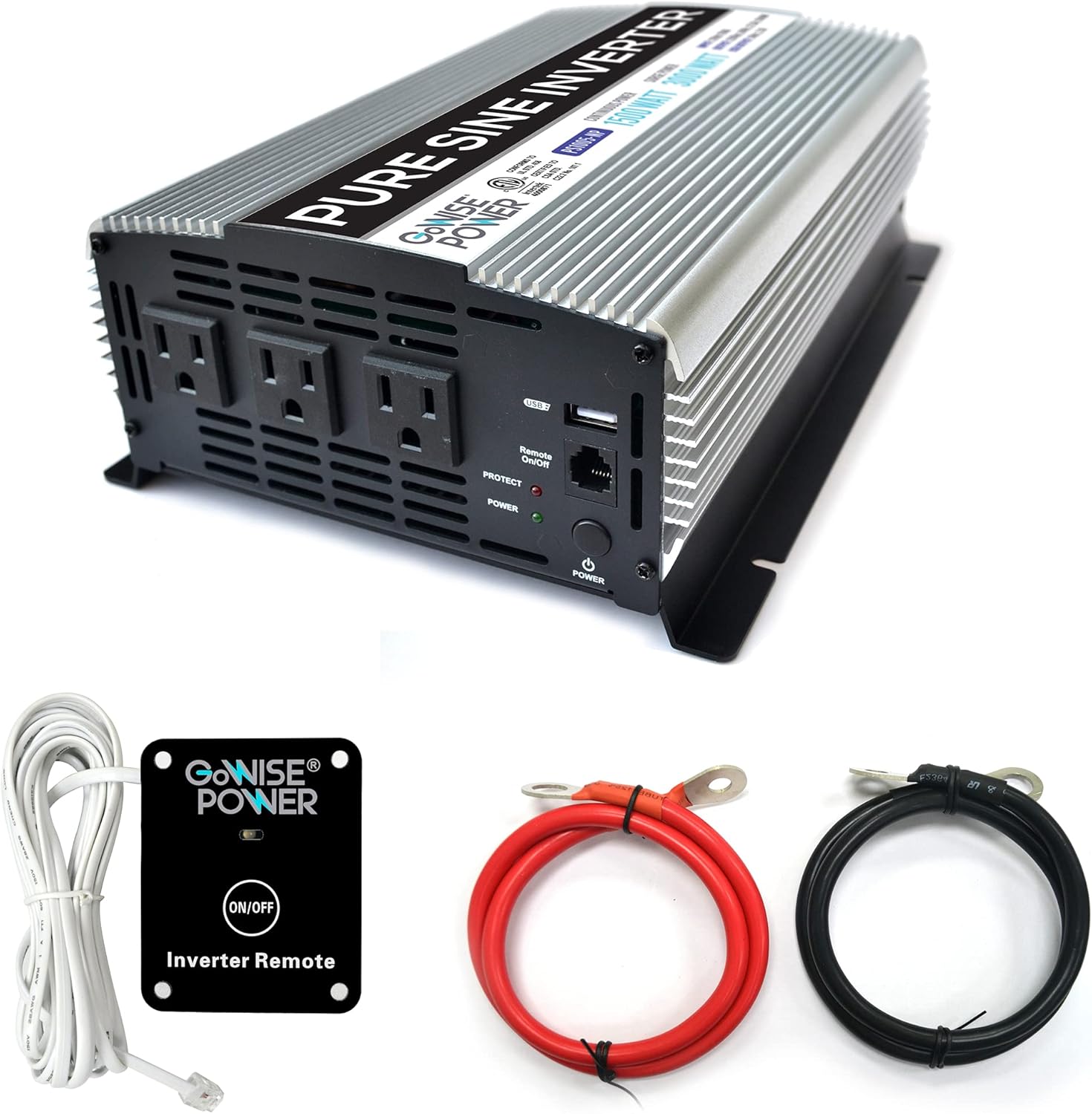 GoWISE Power 1500W Pure Sine Wave Power Inverter 12V DC to 120 V AC with 3 AC Outlets, 1 5V USB Port, 2 Battery Cables, and Remote Switch (3000W Peak) PS1005 (Brand Name/Packaging May Vary)