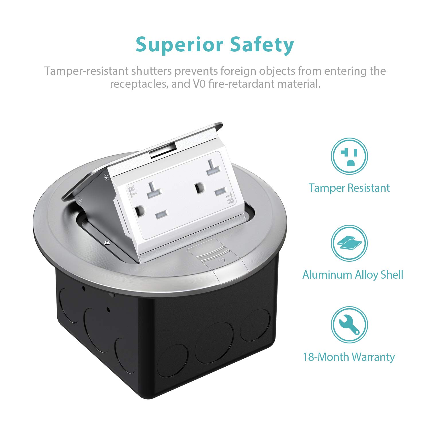 WEBANG Round Pop Up Floor Outlet Box with 20 Amp Tamper-Resistant Receptacle Outlet, Corrosive Resistant Hardware, Silver Pack of 2