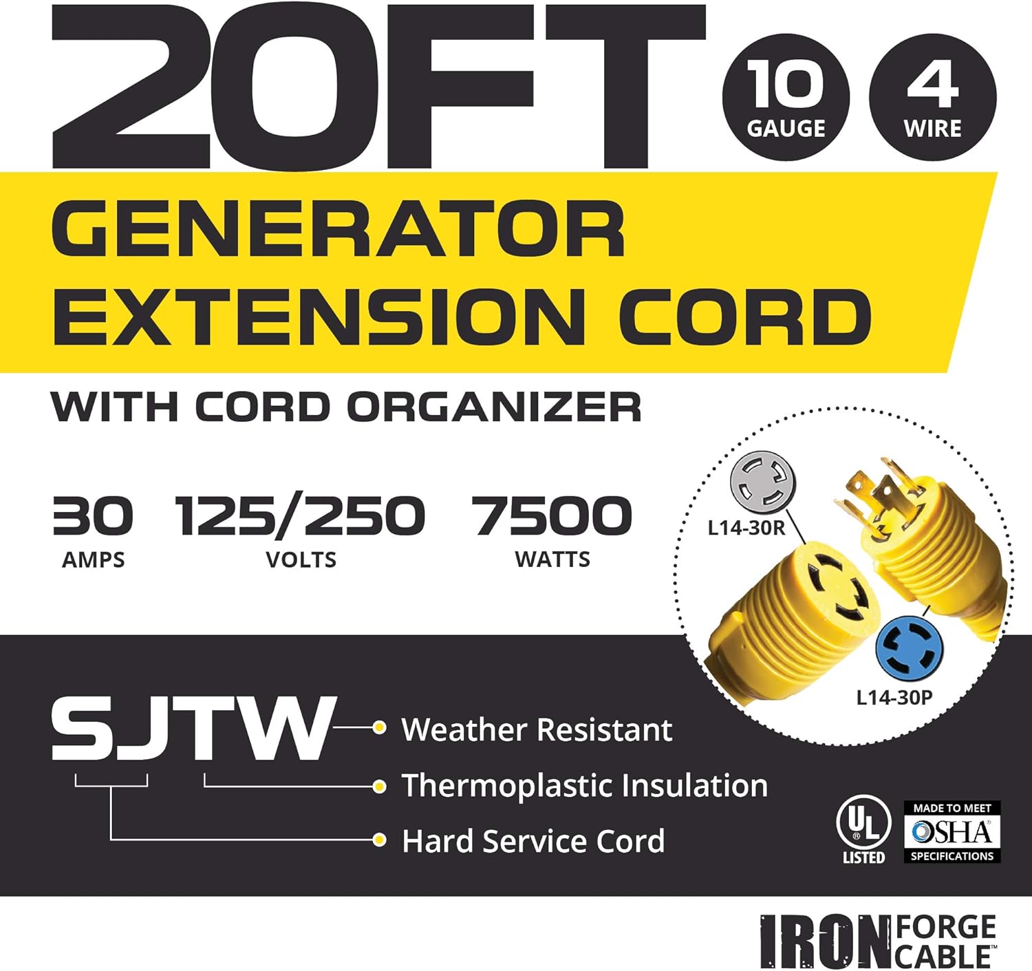 30 Amp Generator Cord - L14-30 20 Ft Generator Power Cable with Organizer 10/4 SJTW, 125/250v, 7500 Watt Pack of 2