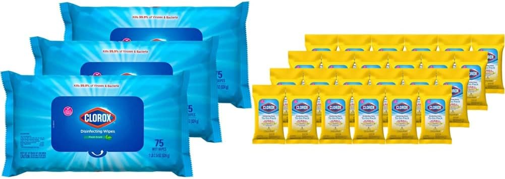 Clorox Disinfecting Wipes On-the-Go Value Pack, 24x 9ct Crisp Lemon Travel Pack and 3x 75ct Fresh Scent Easy Pull Moisture Seal Pack Pack of 2