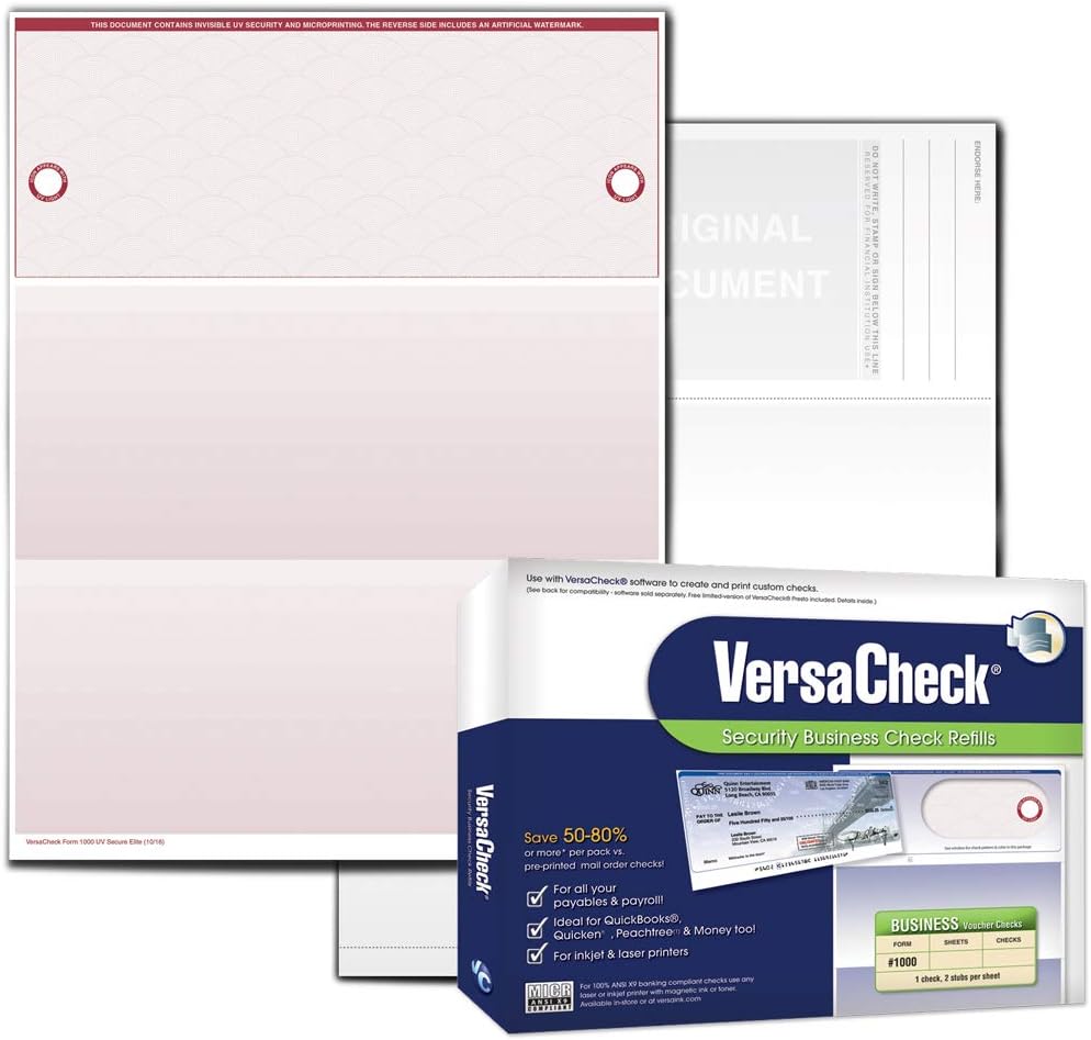 VersaCheck UV Secure Checks - 250 Blank Business Voucher Checks - Blue Elite - 250 Sheets Form #1000 - Check on Top Pack of 2
