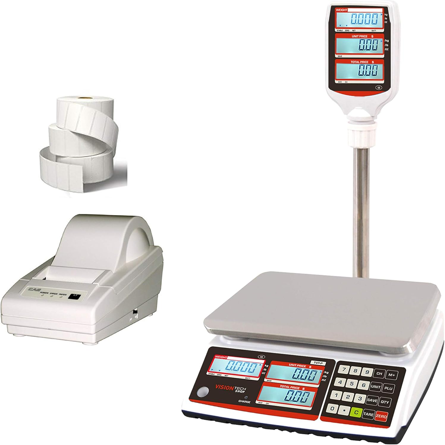 VisionTechShop TVP-12B Price Computing Scale, Lb/Oz/Kg Switchable, 12lb Capacity, 0.002lb Readability, NTEP Legal for Trade COC #19-038, DLP-50 Thermal Label Printer, 1 Case of Labels LST8060
