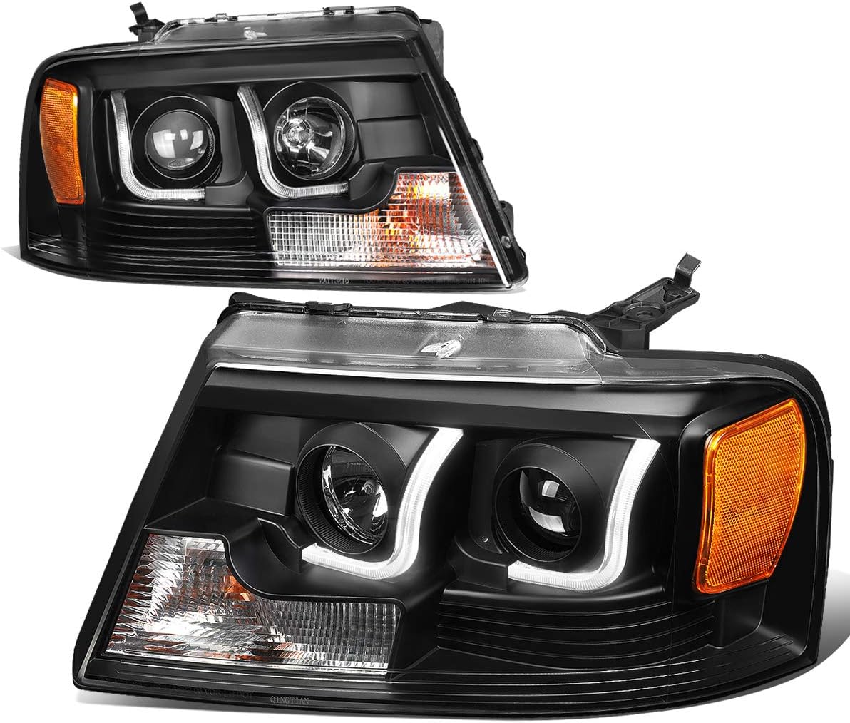Dual LED DRL Projector Headlights Assembly Compatible with Ford F150 Lincoln Mark LT 2004-2008, Driver and Passenger Side, Black Housing Clear Corner