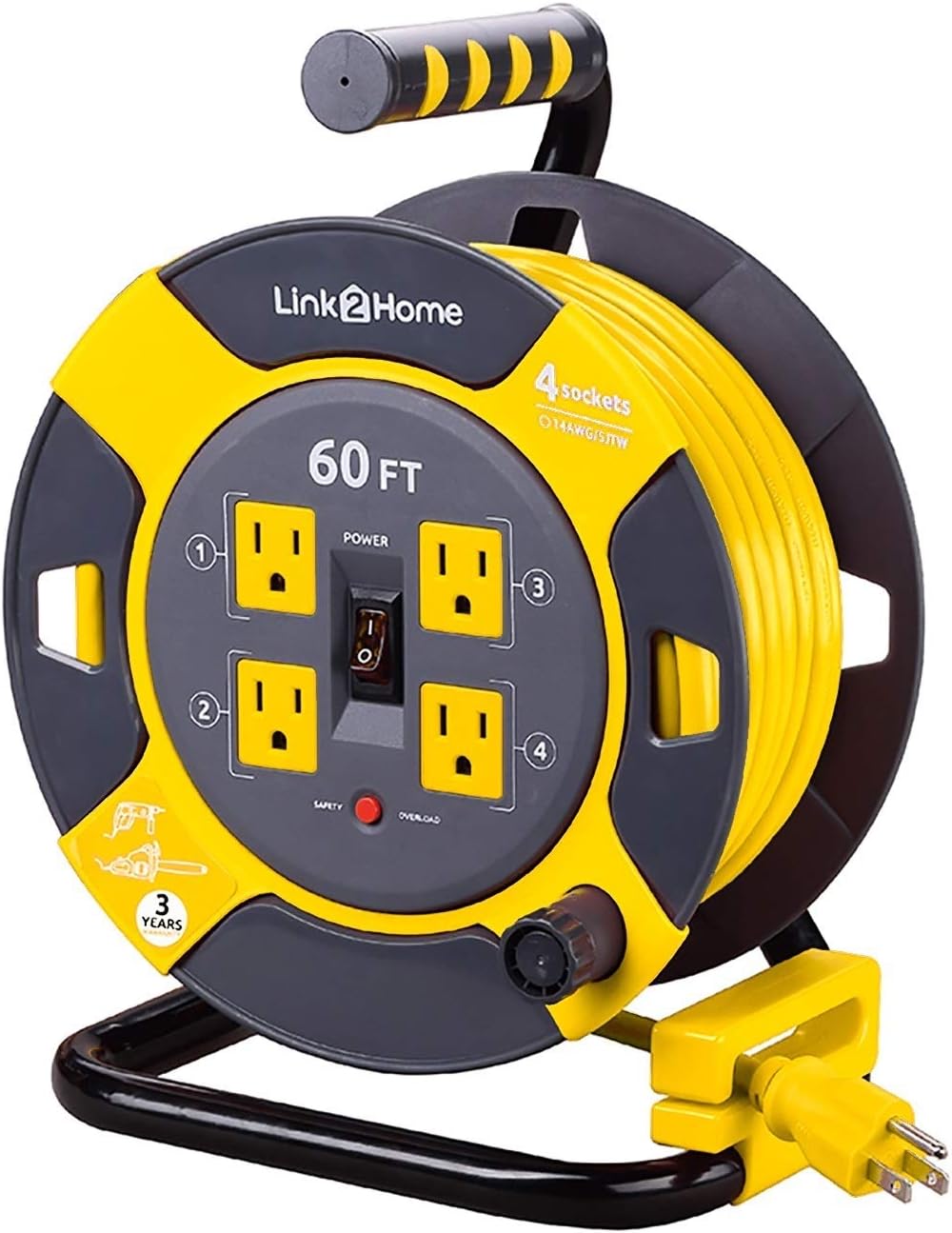 Link 2 Home Cord Reel Extension Cord 4 Power Outlets – 14 AWG SJTW Cable. Heavy Duty High Visibility Power Cord (60 Feet) Pack of 2