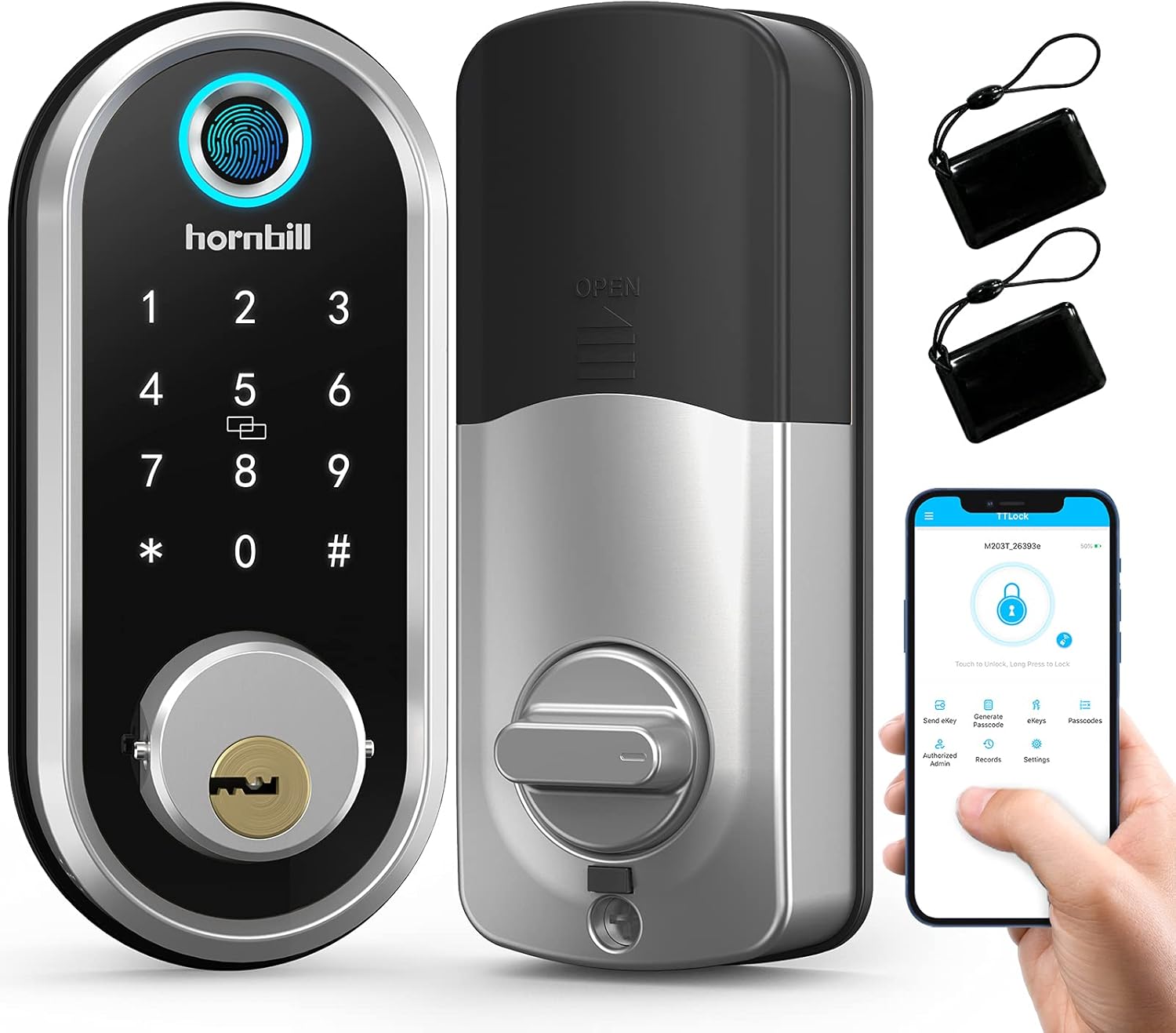 Security Smart Deadbolt, hornbill Keyless Entry Door Lock with Biometric Fingerprint, Bluetooth Electronic Smart Lock with Keypad, App Control, Work with Alexa for Front Door, Bedroom, Apartment