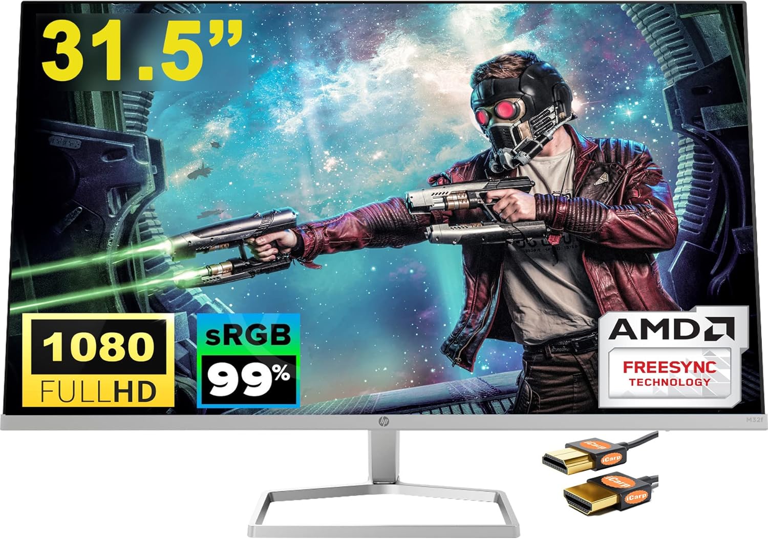 HP 31.5 Monitor 31.5” FHD (1920 x 1080) Display 99% sRGB Color Gamut Up to 75Hz Refresh Rate VA Panel 7ms Response time 350 nits Brightness AMD FreeSync Technology HP Eye Ease VGA + HDMI Cable