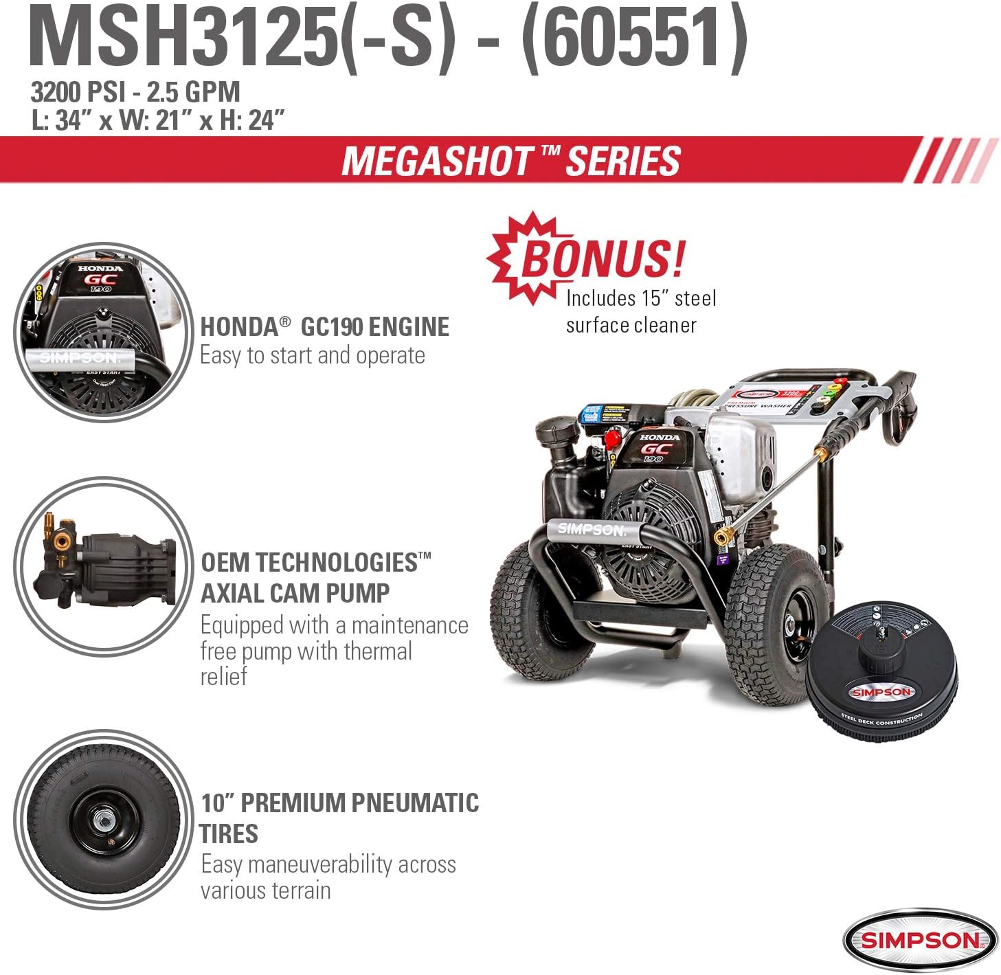 Simpson Cleaning MSH3125 MegaShot Gas Pressure Washer Powered by Honda GC190, 3200 PSI at 2.5 GPM, (49 State) + Simpson Cleaning 41030- 3/8