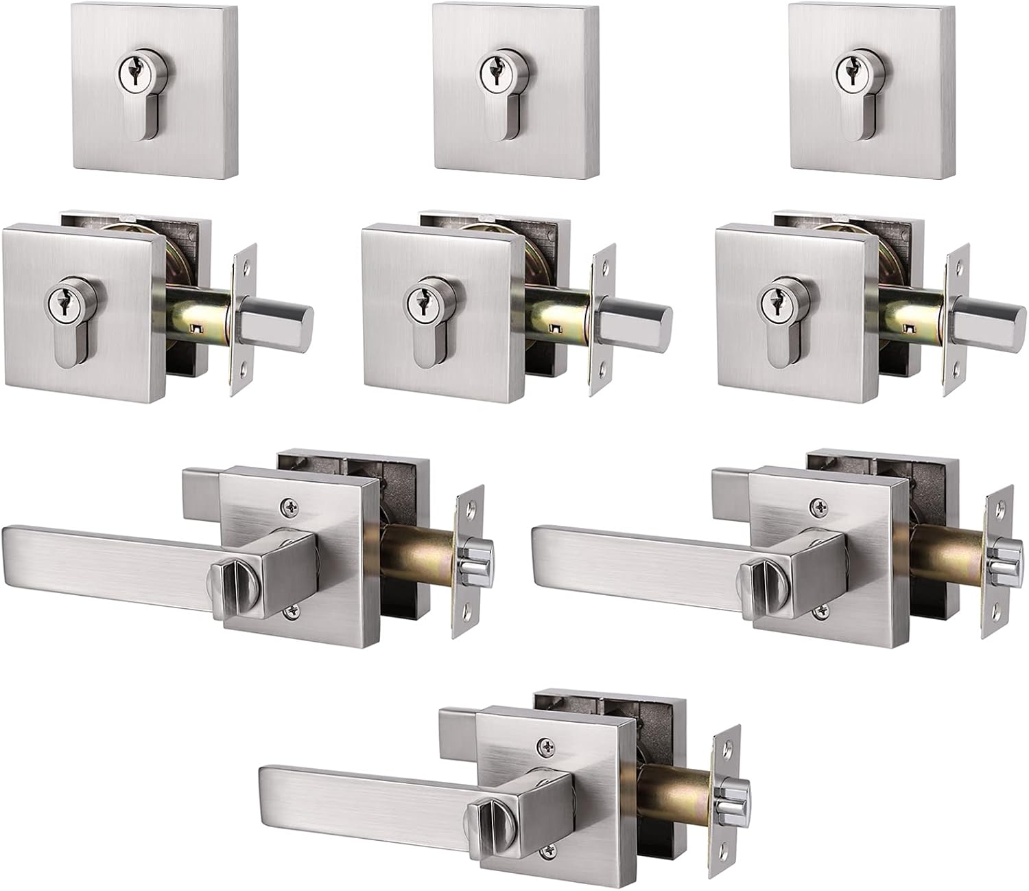 6 Pack Heavy Duty Entry Lever Door Handle and Single Cylinder Deadbolt Lock Combination Set, Keyed Alike Entrance Lever Door Handle for Office and Front Door, Satin Nickel Finish