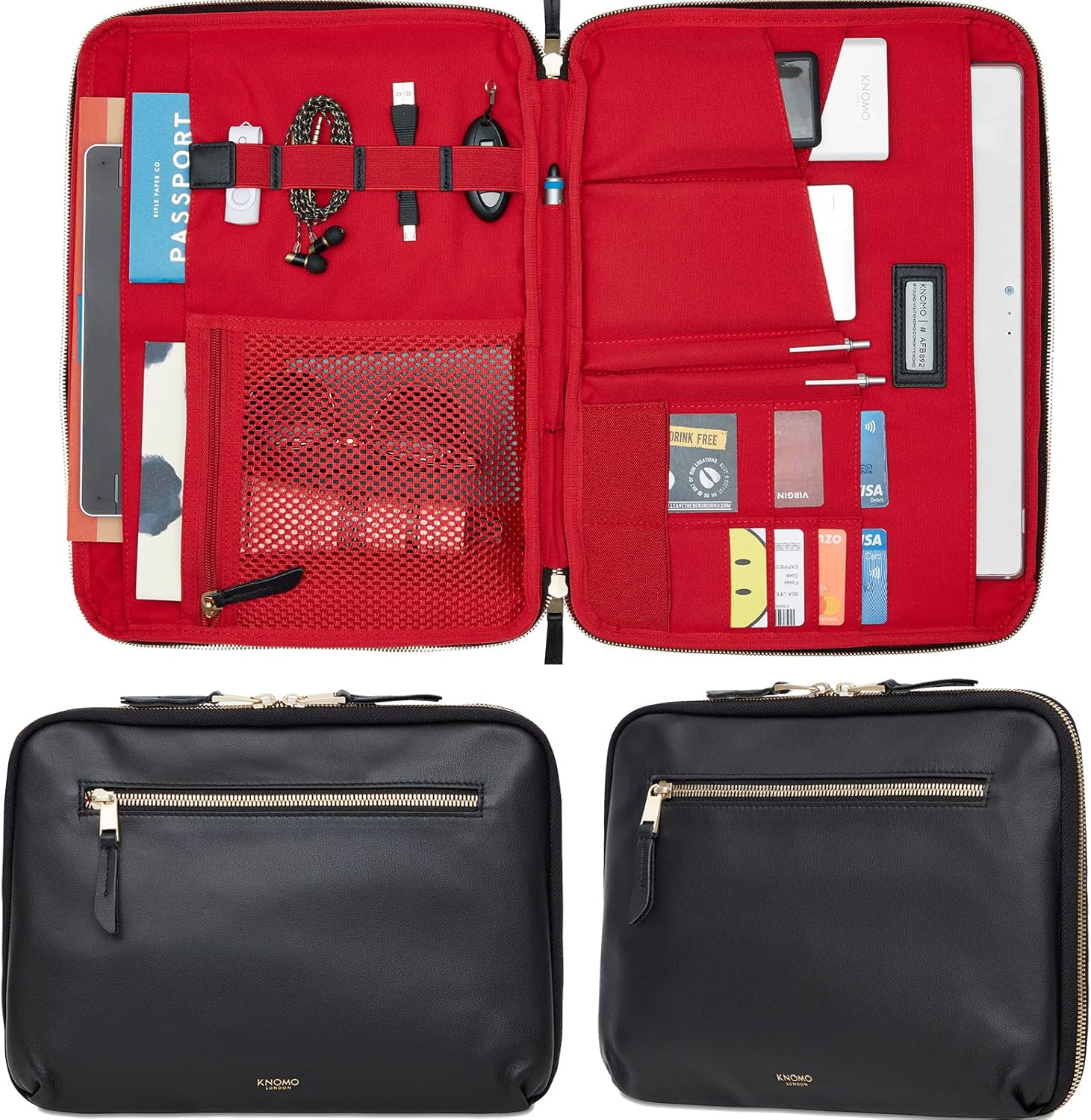 Knomo 10 inch Leather Tablet Organizer for Electronics Accessory Laptop Sleeve Case (Black)