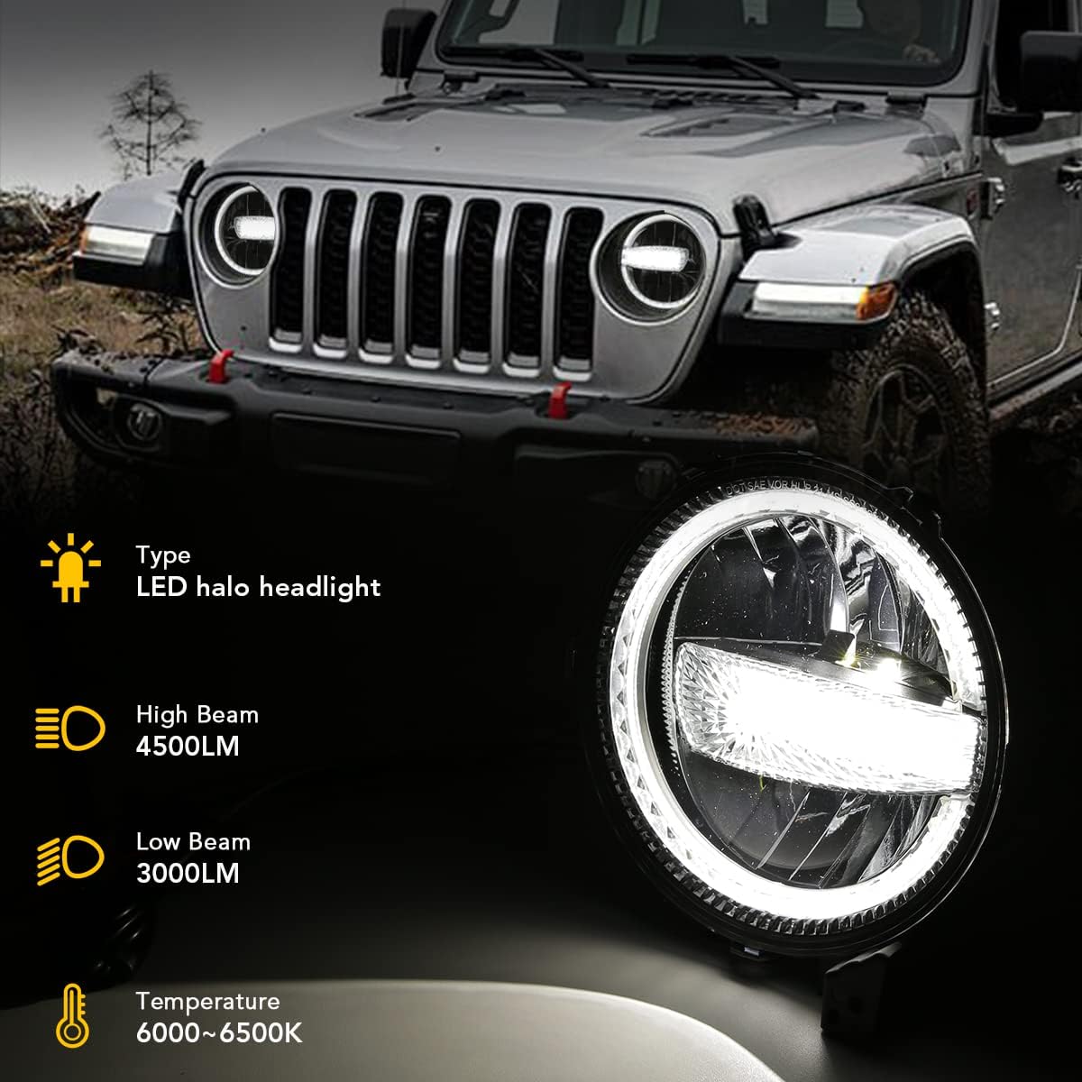 9'' Inch Round LED Headlights Halo Headlight Replacement with DRL High Low Beam Compatible With 2018-2021 Jeep Wrangler JL JLU Gladiator JT DOT Approved