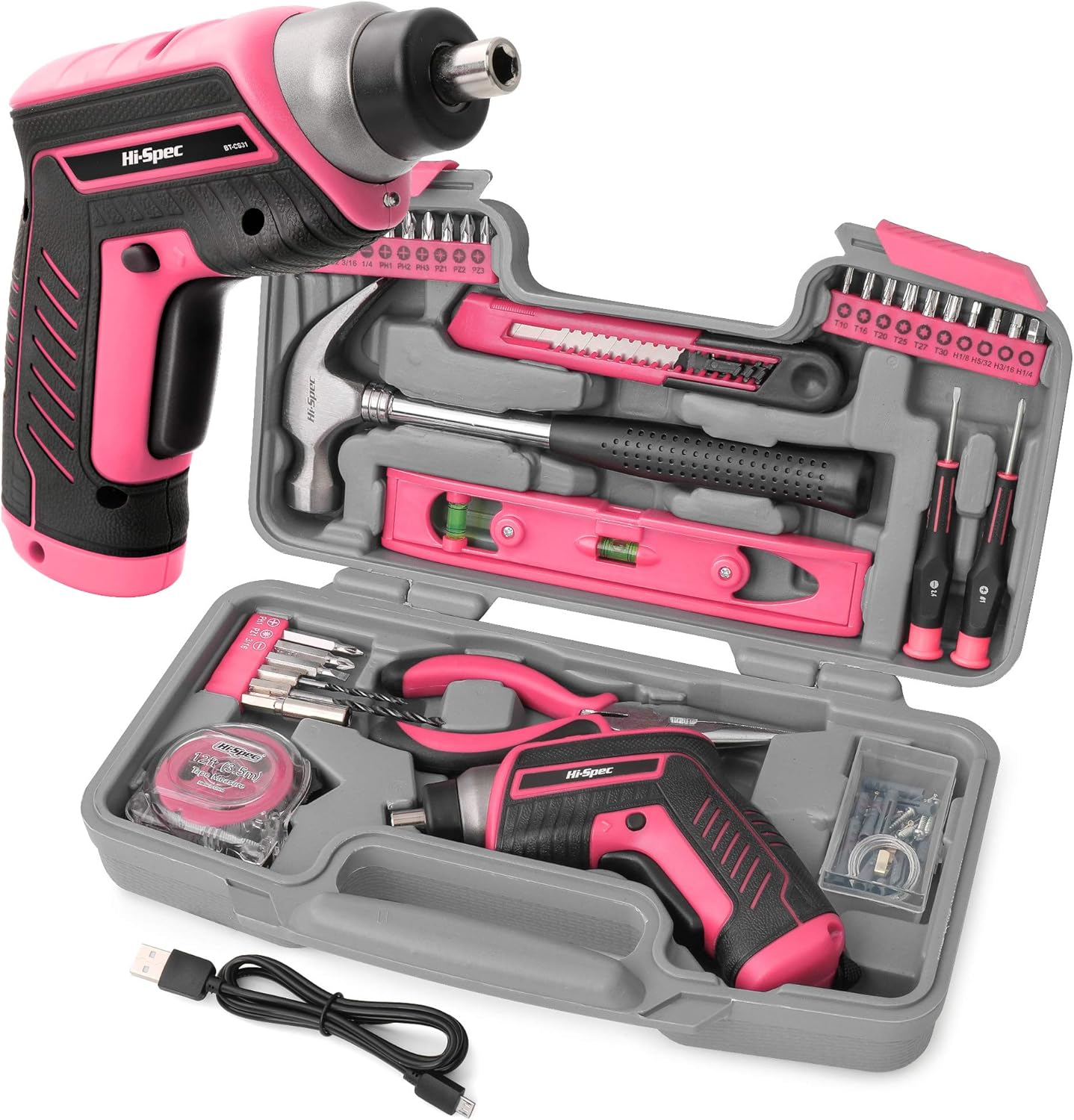 Hi-Spec 35 Piece Blue Home DIY Tool Kit with USB Rechargeable 3.6V Electric Power Screwdriver. Easy Repair with Household Hand Tools & Picture Hanging Kit. All In a Portable Box Pack of 2