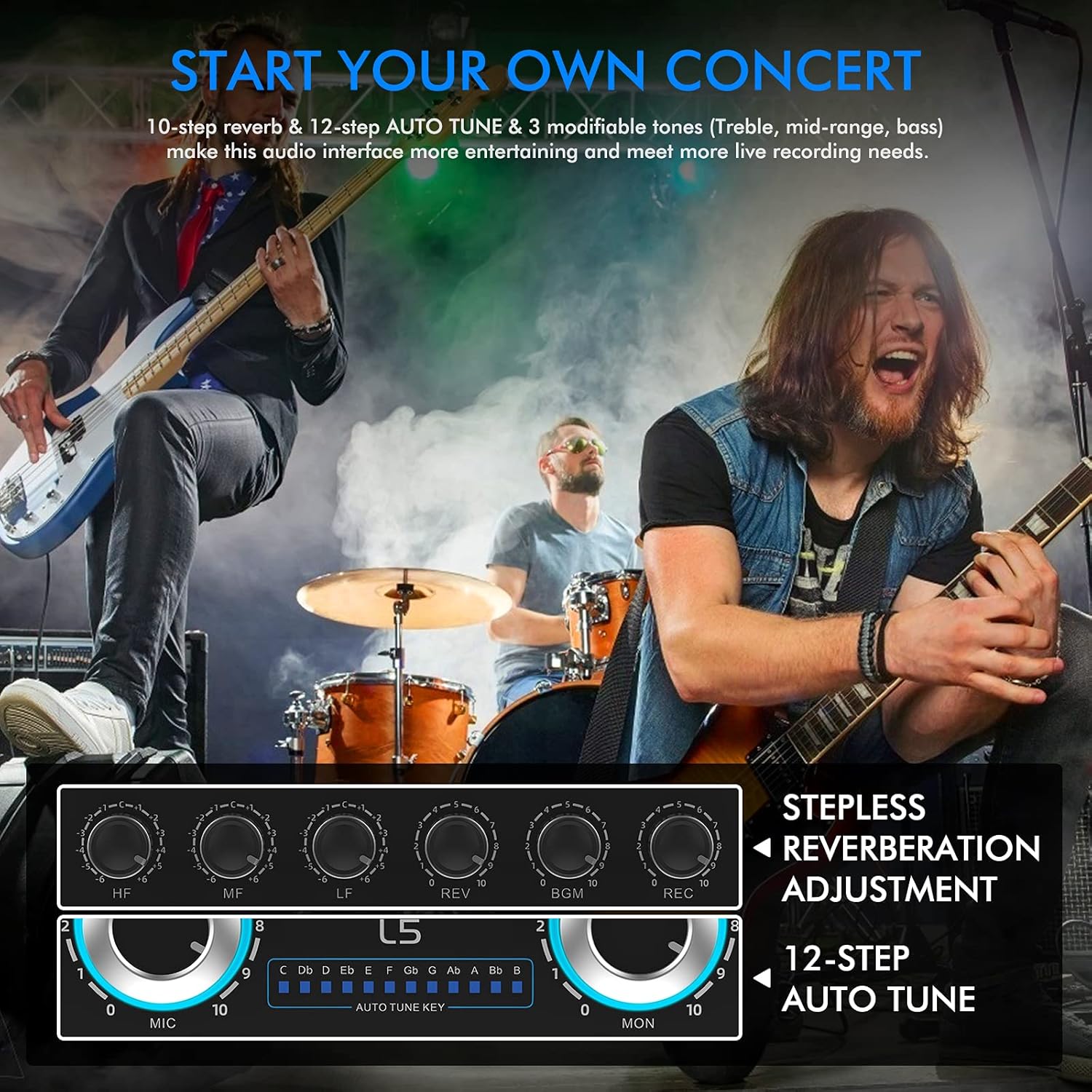 USB Digital Audio Interface with DJ Mixer and Live Sound Card, Karaoke, Auto Tune, XLR, Phantom Power, Protable Podcast Studio Equipment for Guitar, Live Streaming, PC, Recording and Gaming (L5)