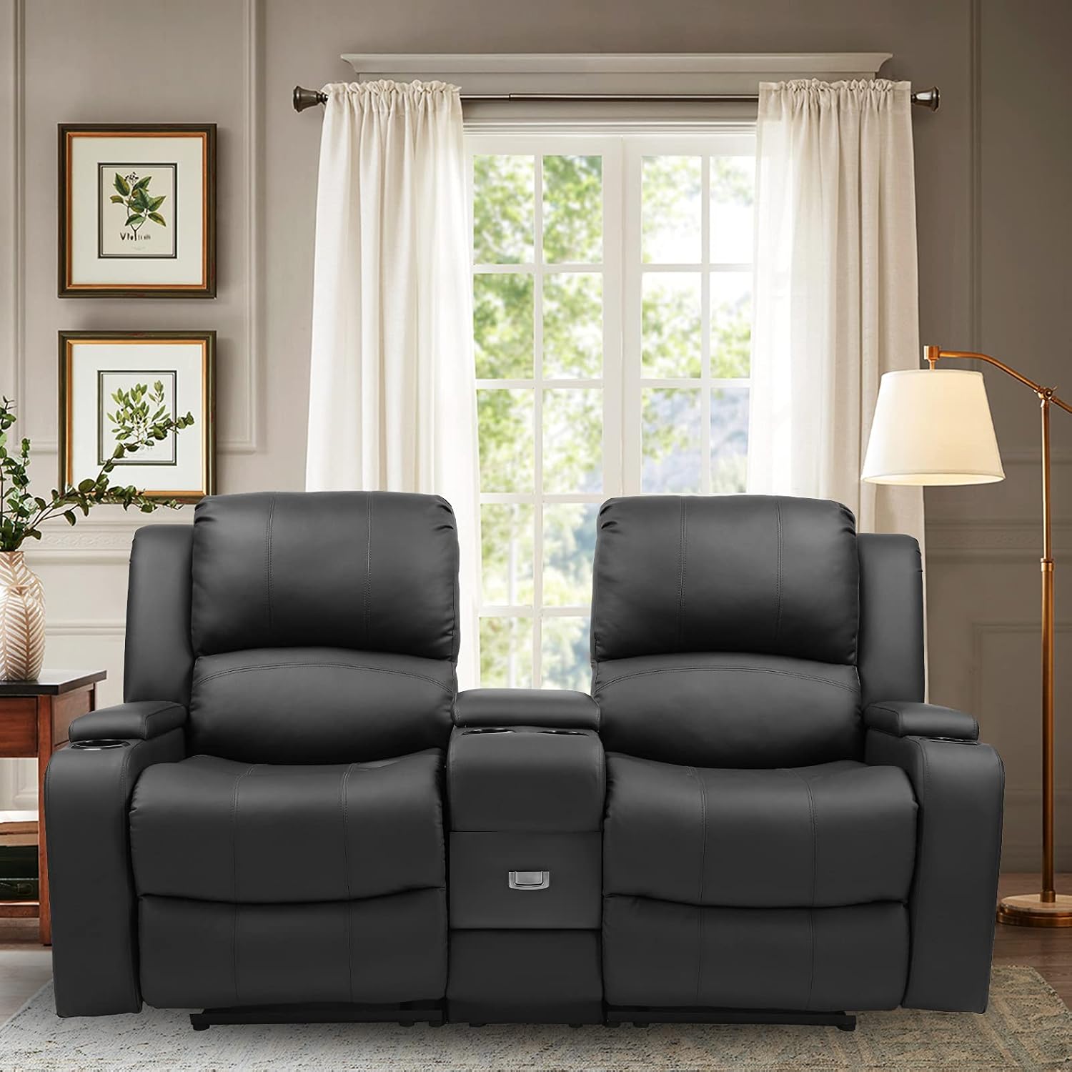B BAIJIAWEI Double Reclining Loveseat - Manual Home Theater Seating with Console - PU Leather Glider Reclining Couch for Living Room, Office