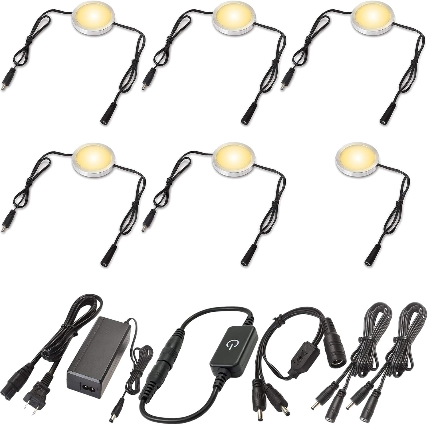 Lvyinyin Under Cabinet LED Lighting Kit Wall Plug, Touch Dimmable, 120V to 12V Puck for Kitchen Closet Counter Lighting, 12 Lights, Warm White Pack of 2