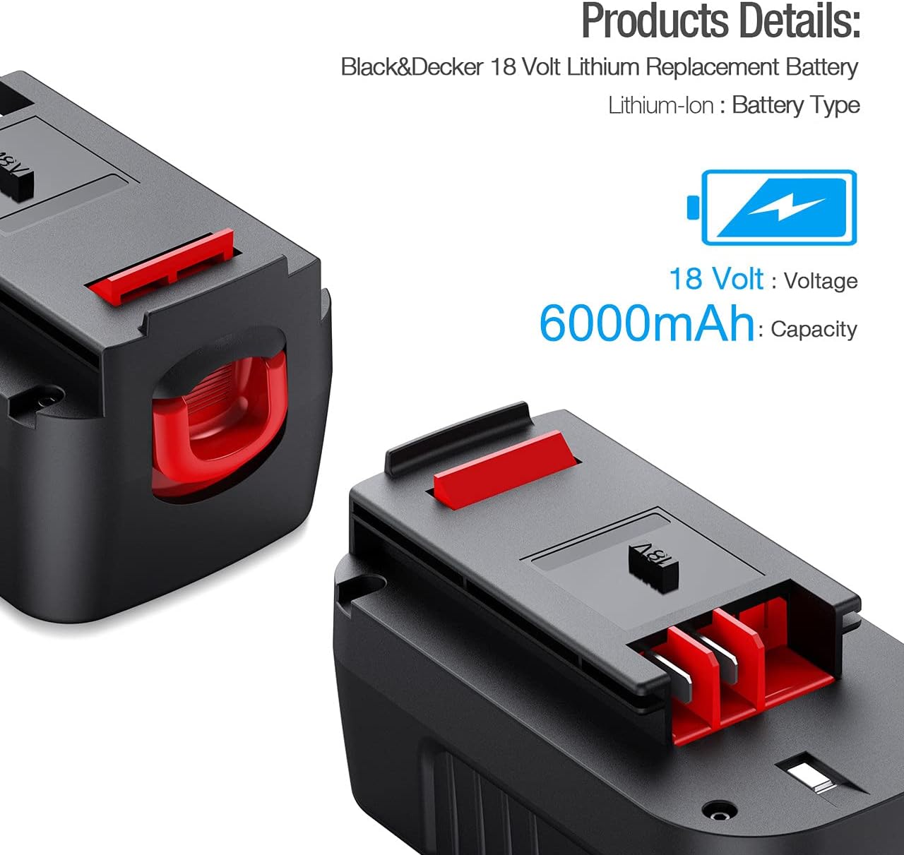 Powerextra 2Pack 6.0Ah 18 Volt Replacement Battery for Black&Decker 18V A1718 A18NH HPB18 HPB18-OPE Pack of 2