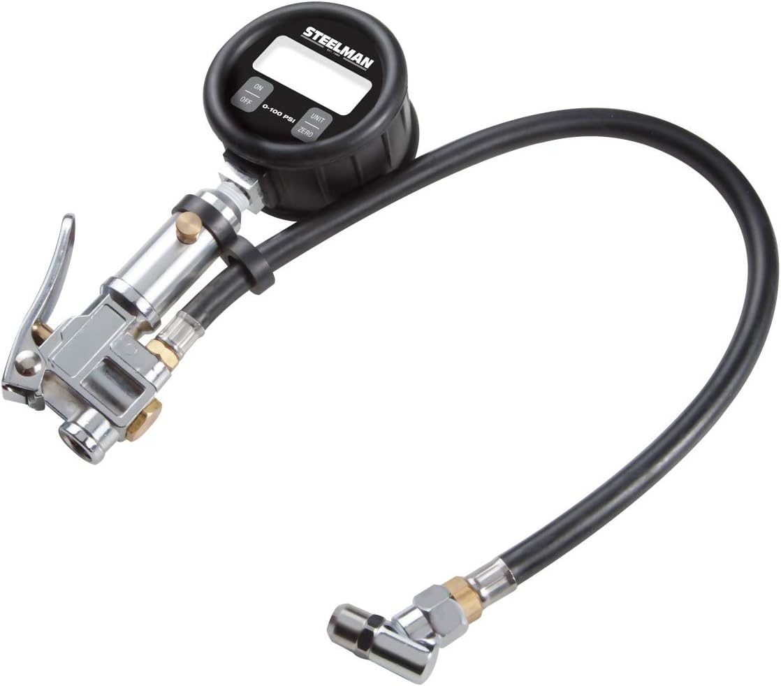 Steelman High Accuracy Digital Gauge Tire Inflator, 0-100 psi, Easy-Read LCD Screen, Temperature/Pressure Compensation and Peak/Valley/Track Pressure Modes, Measures in psi, Bar, kPa, or kg(f)/cm2