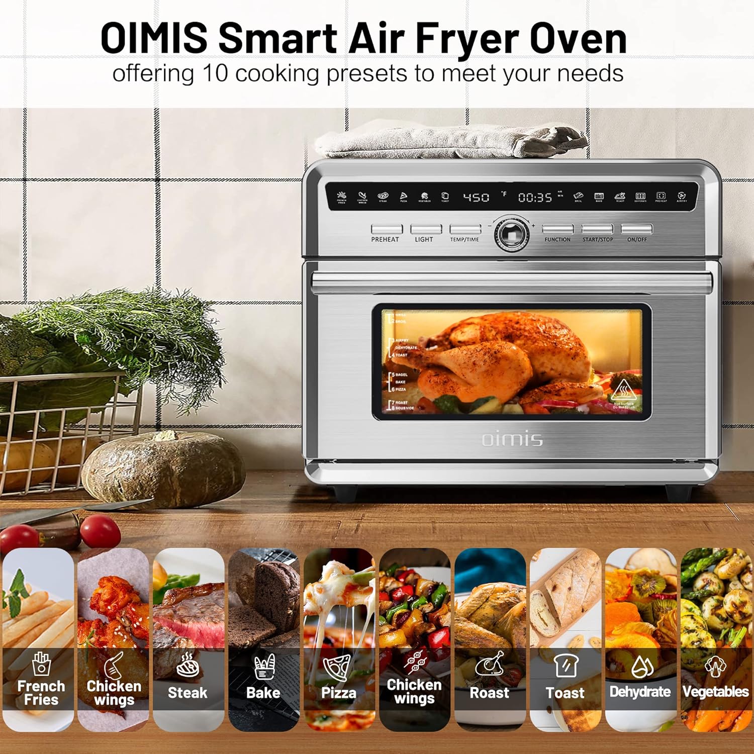 OIMIS Smart Air Fryer Oven,26.5qt Large Countertop Oven,Stainless Steel Air Fryer with Dehydrator,7 Accessories(Recipes Included),ETL certified,Manufacturer,Silver