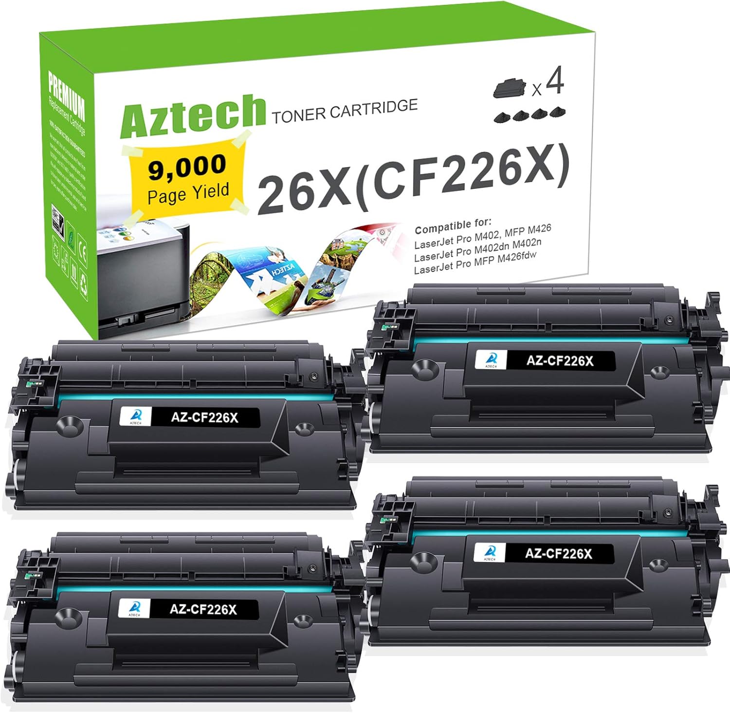 Aztech Compatible Toner Cartridge Replacement for HP 26X CF226X 26A CF226A Pro M402n M402dw M402dn Pro MFP M426fdw M426fdn M426dw Printer (Black 4-Pack) Pack of 2