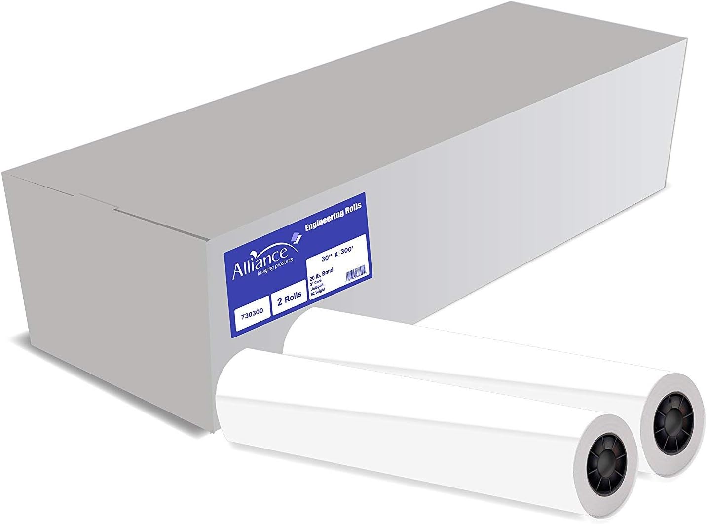 Alliance Wide Format Paper 30” x 300’ CAD Rolls 92 Bright, 20lb - 2 Rolls Per Carton - Ink Jet Bond Rolls with 2