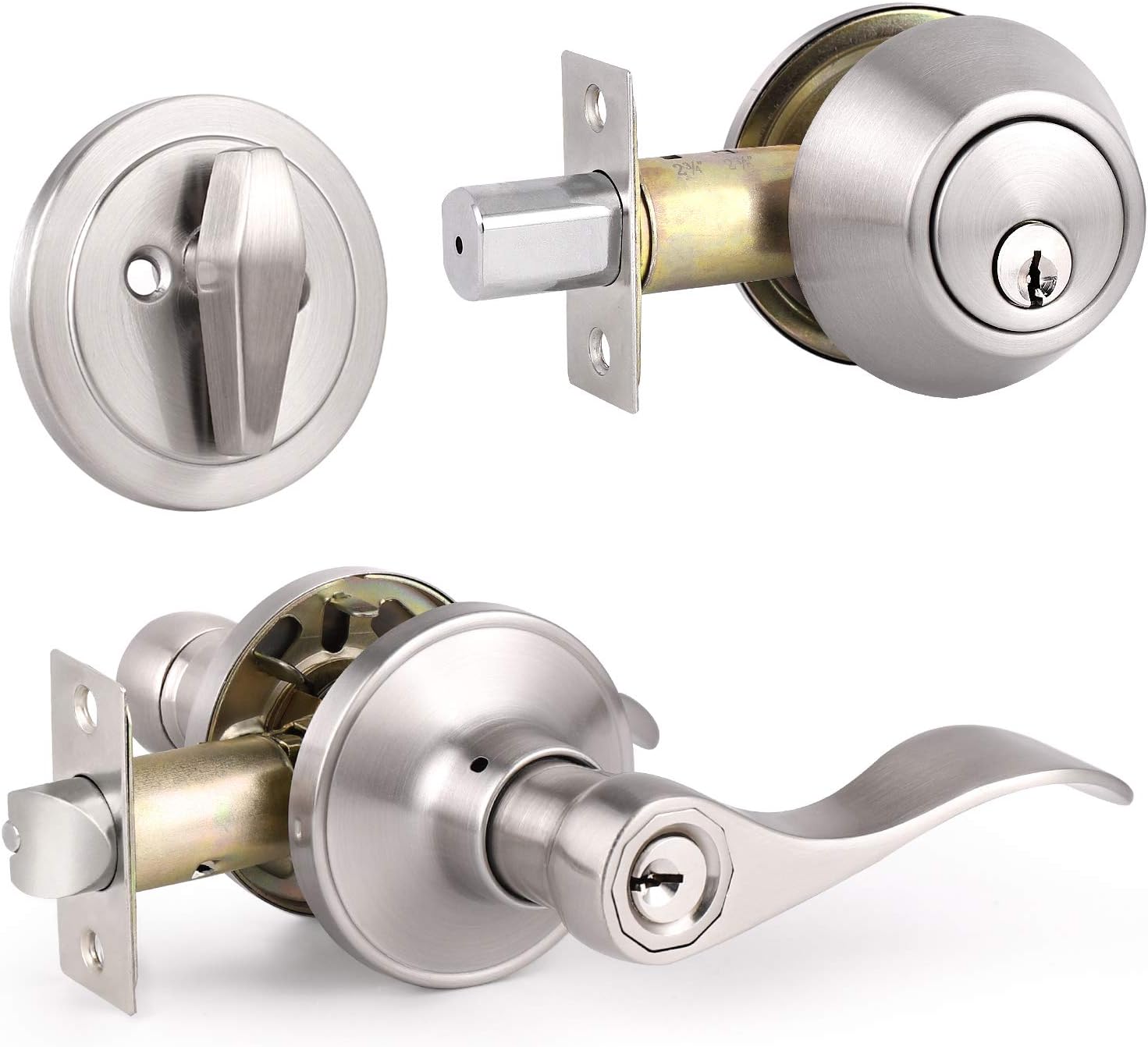 6 Pack Wave Style Entry Door Levers with Double Cylinder Deadbolt, All Keyed Alike Satin Nickel Handlesets, Wave Style Front/Exterior Door Locksets