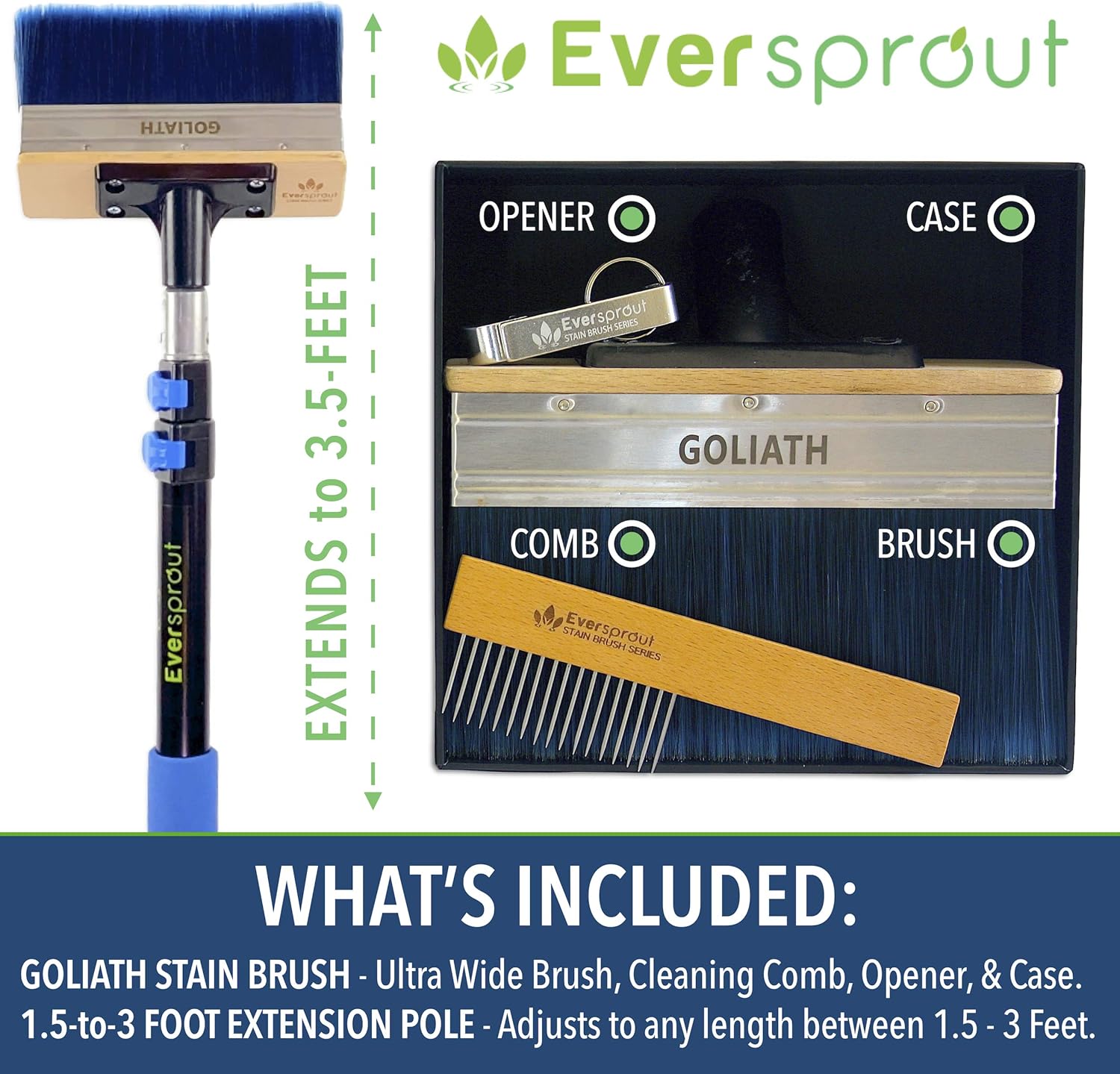 EVERSPROUT 1.5-3.5 Foot Goliath Deck Stain Brush & Extension Pole Combo | ULTRA WIDE 7-Inch Design Saves Time | Deck Stain Applicator for Wood, Composite, Concrete | +Bonus Cleaning Comb, Opener, Case Pack of 2