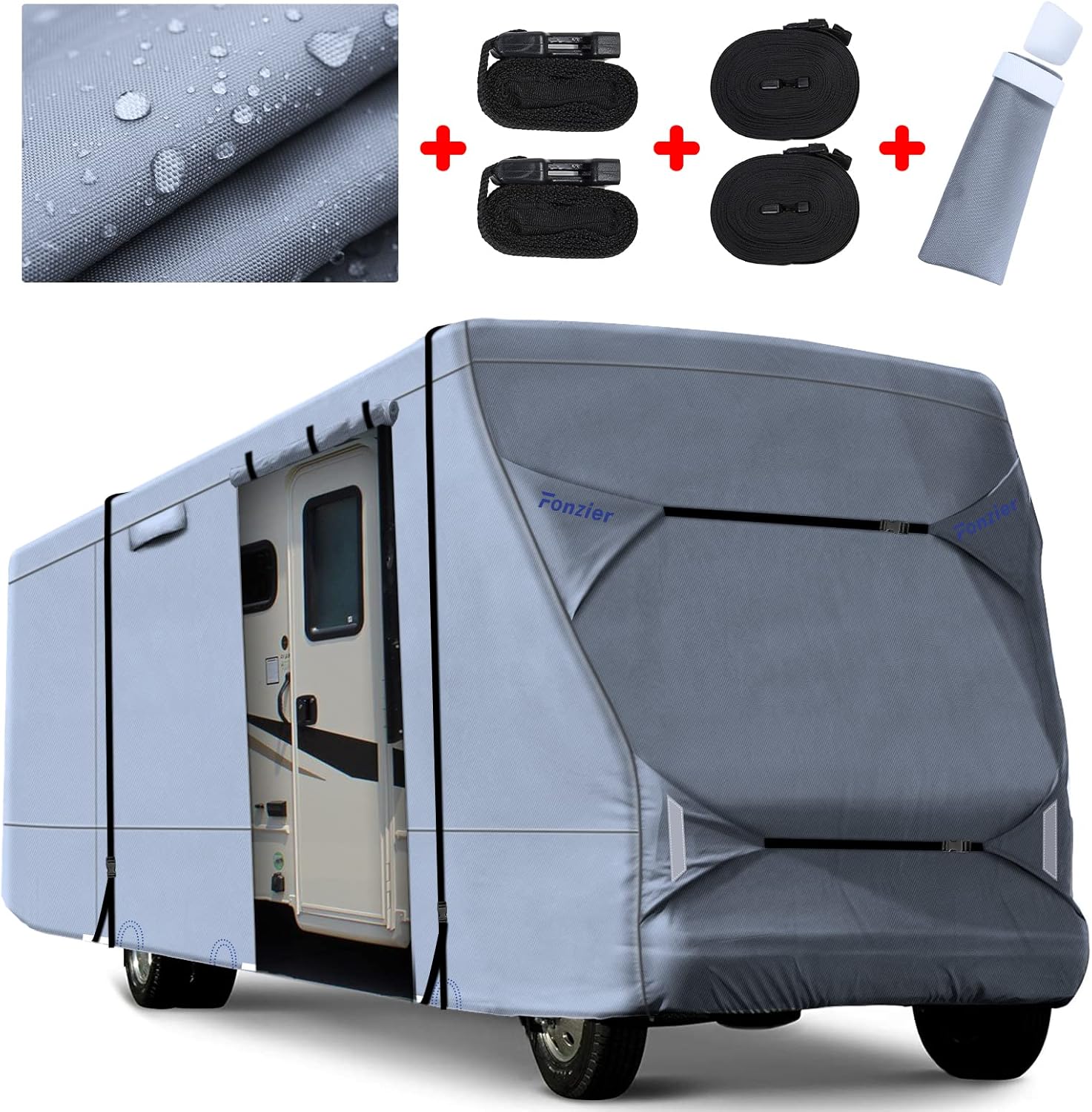 Fonzier Windproof Class C RV Cover Waterproof Rip-Stop Camper Cover for 26’-29’ Motorhome with 2Pcs Extra Long Straps & Gutter Covers