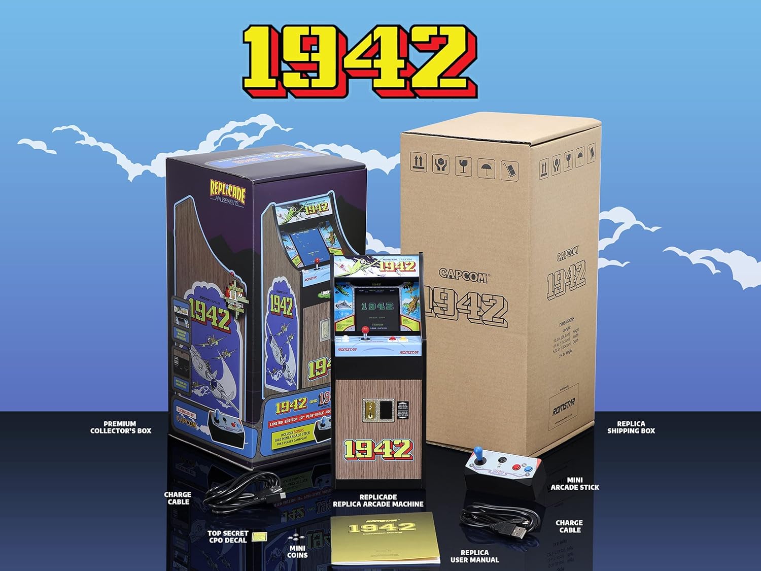 New Wave Toys 1942 x RepliCade Playable Video Game Arcade 10.4 Inch Lowboy Cabinet with Bonus 1943 Mini Arcade Stick