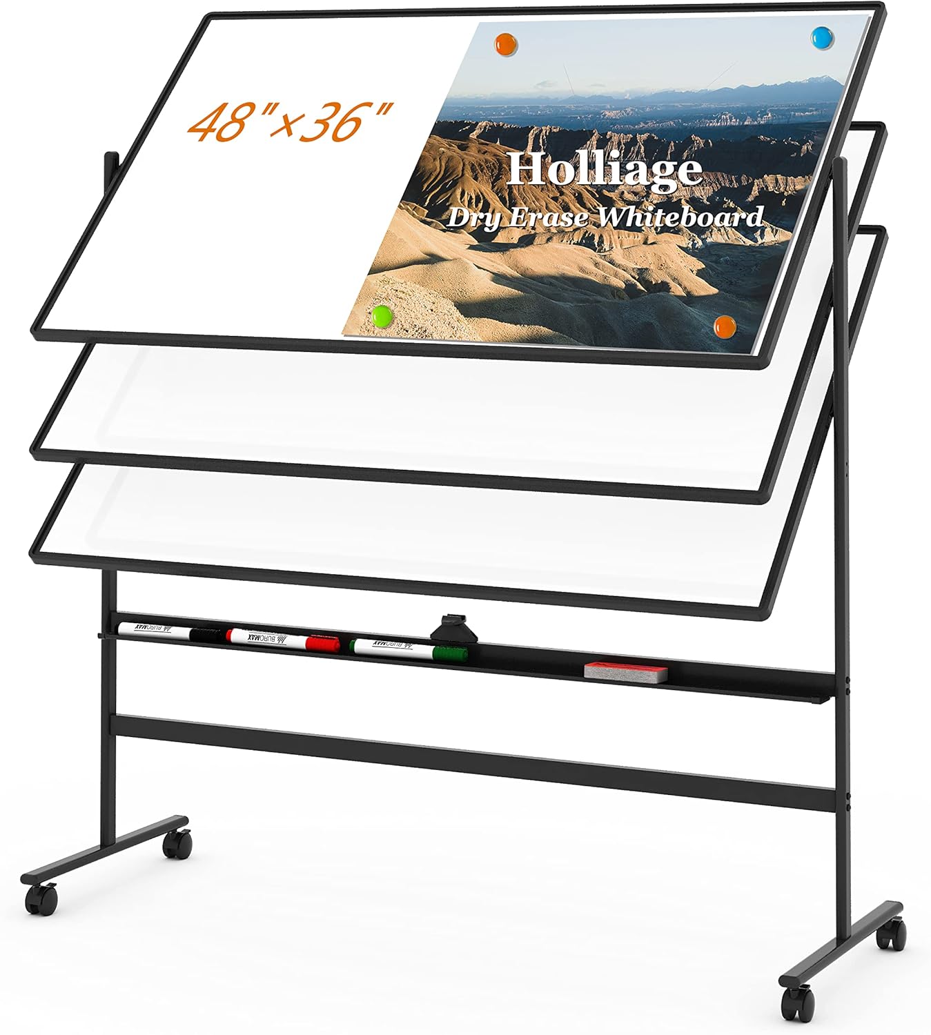 48”x36” Dry Erase Board with Stand,Double-Sided Magnetic Rolling Whiteboard with Bottom Holder,Premium Mobile Whiteboard with White Aluminum Alloy Frame,Great Partner for Displaying Your Thoughts