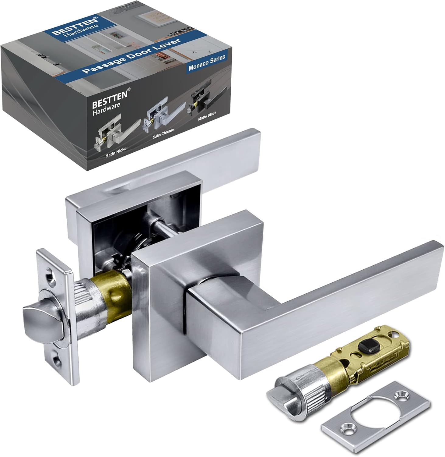 [3 Pack] BESTTEN Monaco Contemporary Keyed Different Entry Door Lever with Removable Latch Plate, All Metal Square Heavy Duty Entrance Door Handle, for Commercial and Residential Use, Satin Chrome Pack of 2