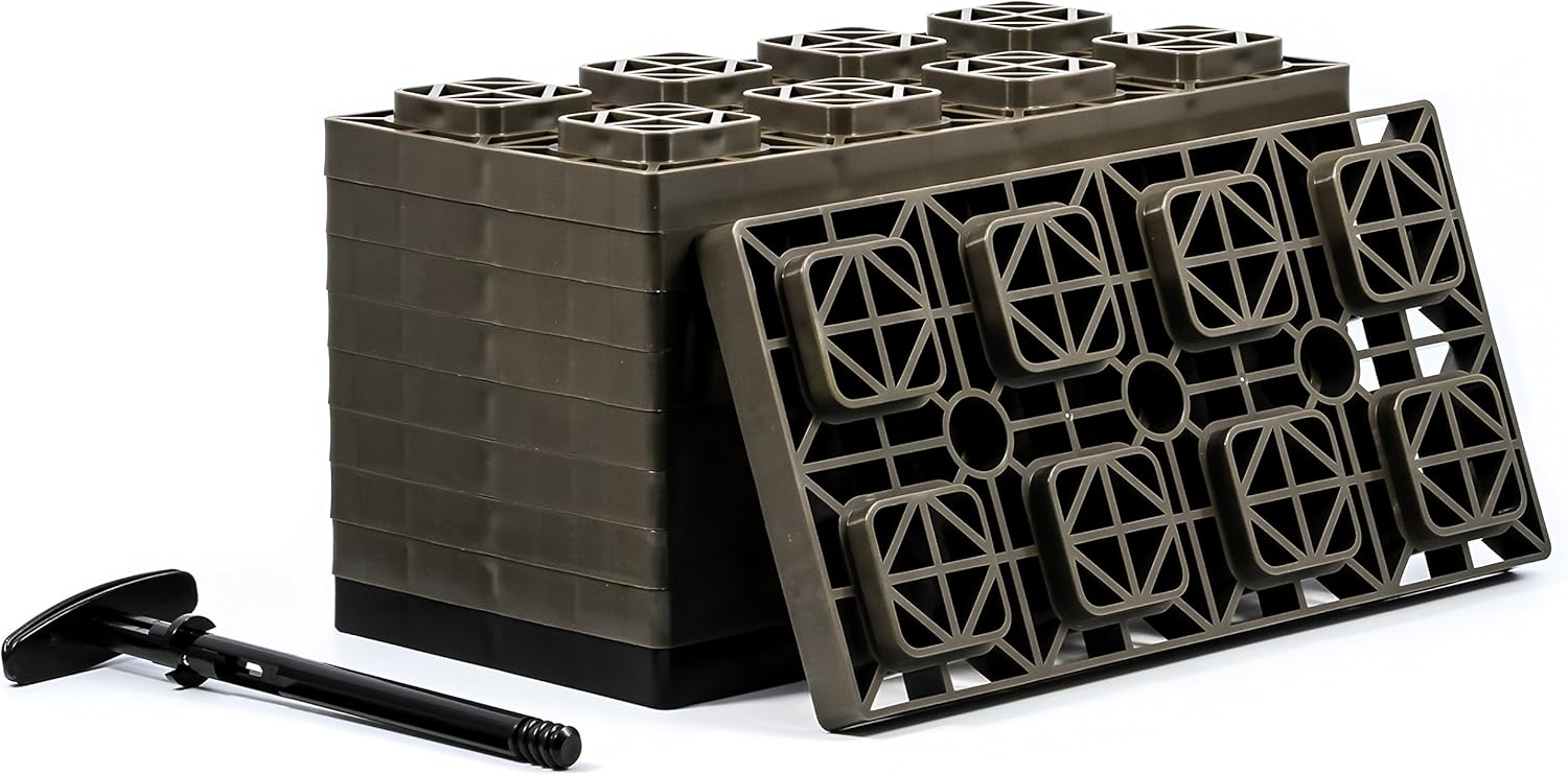 Camco - 21025 FasTen 4x2 Leveling Block For Dual Tires, Interlocking Design Allows Stacking To Desired Height, Includes Secure T-Handle Carrying System, Brown (Pack of 10) - 44525 Pack of 2