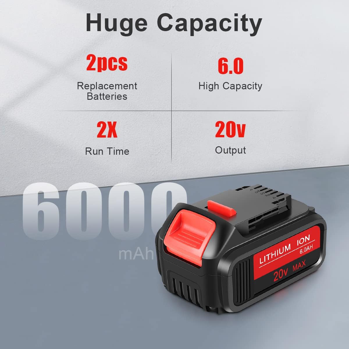 2 Packs 20V 6.0Ah Battery Compatible with Dewalt 20V Battery DCB206-2 DCB205 DCB250-2 DCB204 Replacement for Dewalt Battery MAX DCD/DCF/DCG Series Power Tools with LED Indicator (Red) Pack of 2