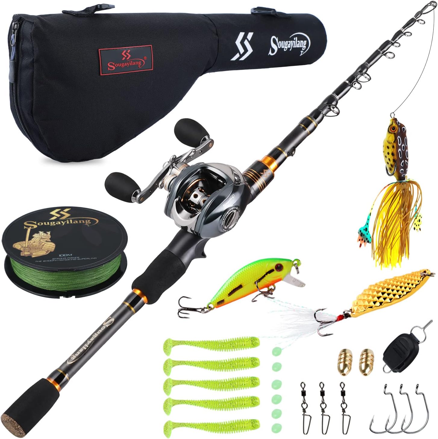 Sougayilang Fishing Rod and Reel Combo, 11+1 BB Baitcasting Reel with Telescopic Fishing Rod Combo, Baitcaster Combo for Beginner