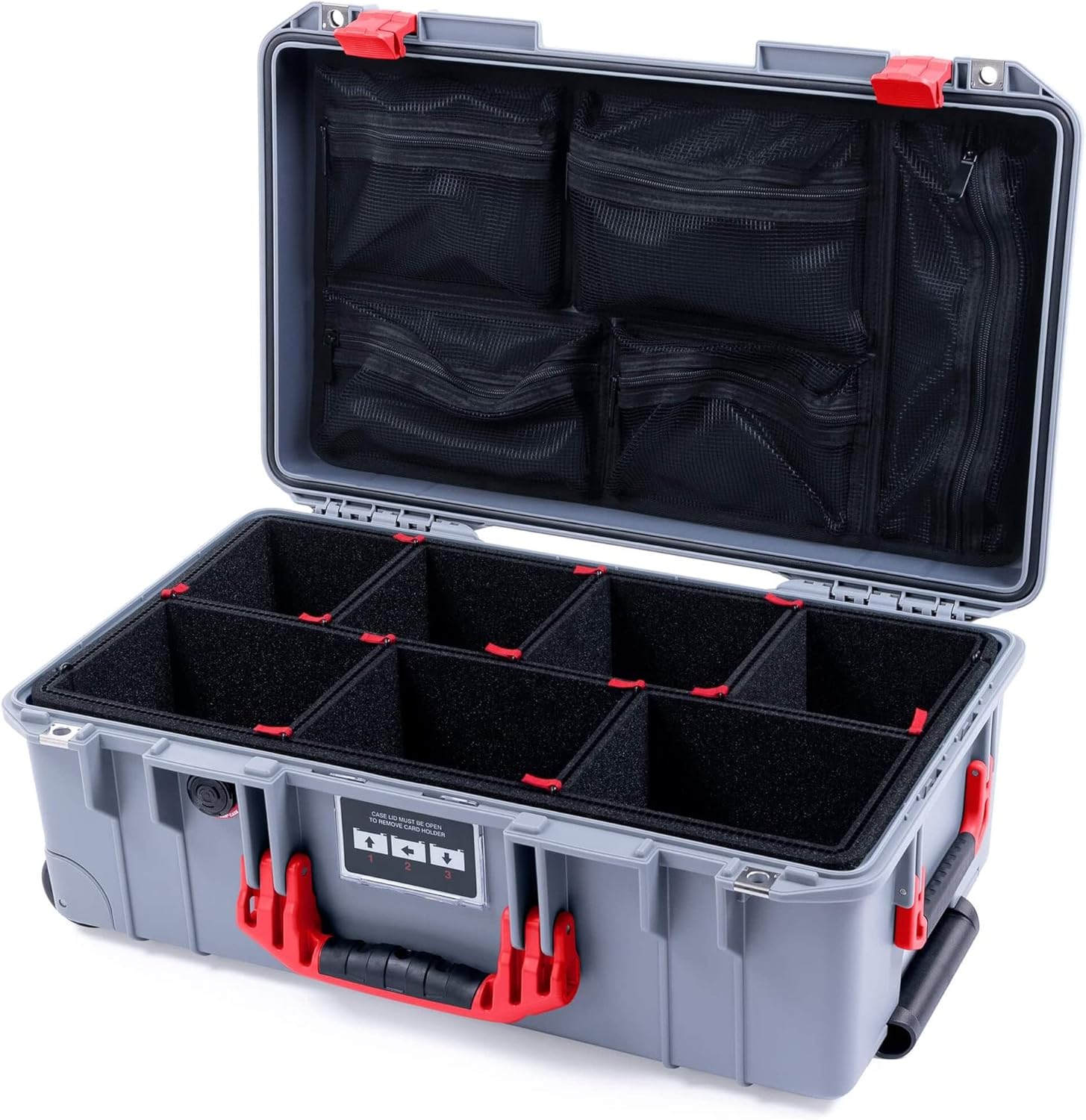 Silver Pelican 1535 Air case. Comes with red Handles & latches. Comes with TrekPak Dividers & lid Organizer.