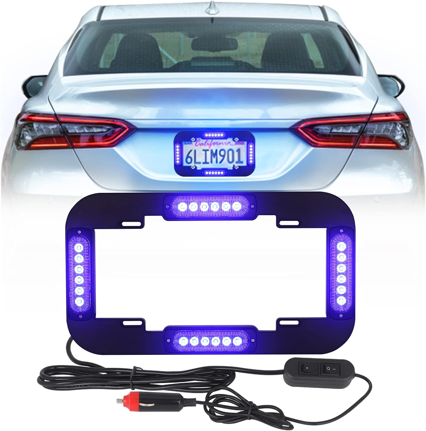 Emergency License Plate Strobe Lights Front/Rear Hazard Warning Safety Flashing Police Lights w/ Black Frames for Vehicles Trucks Cars (Red and Blue, 13.5 inch, 24 LED) Pack of 2