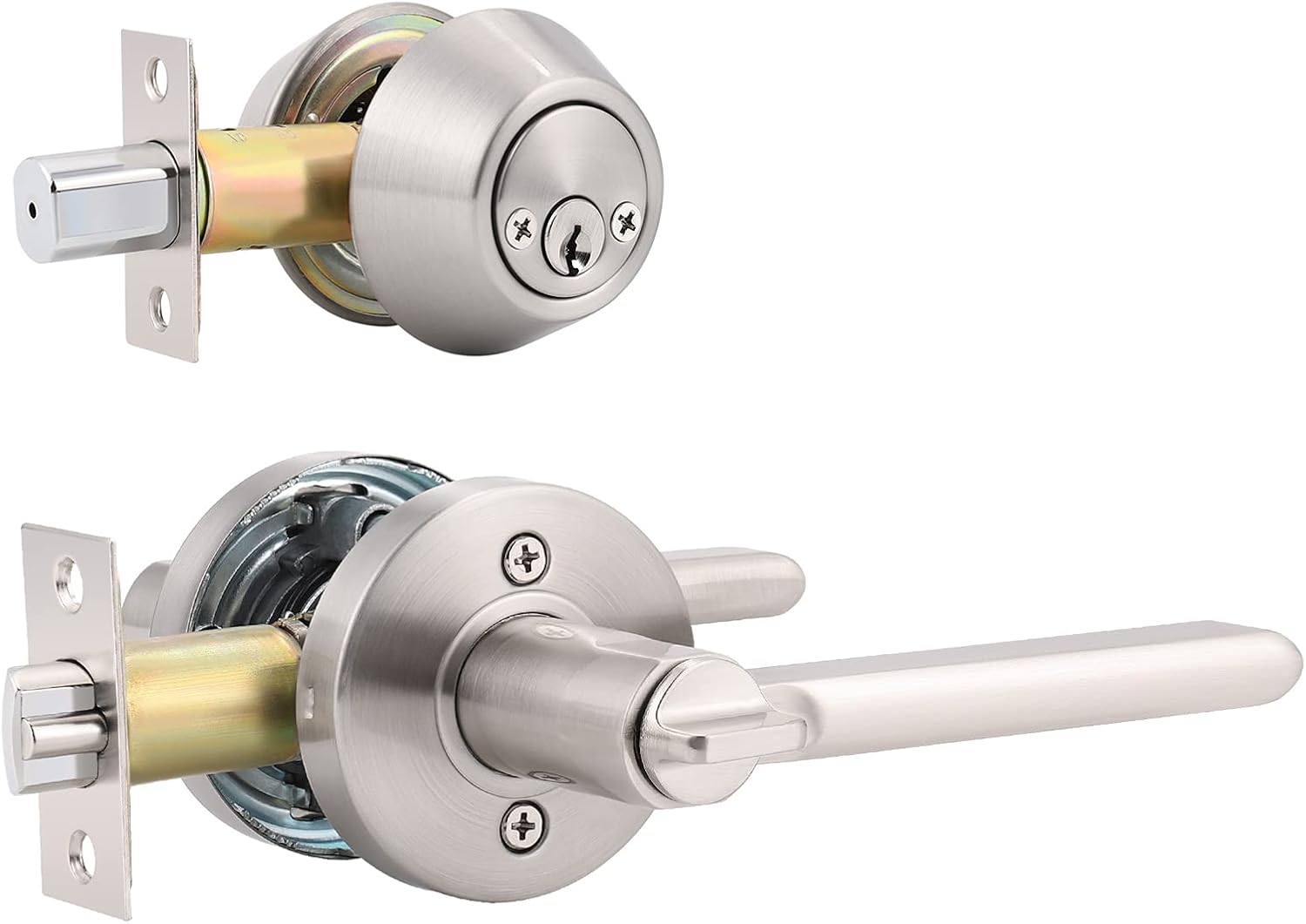 4 Pack Entry Door Lever and Single Cylinder Deadbolt Combination Set, Keyed Alike, Matte Black Entry Entrance Keyed Round Door Knobs Lockset with Deadbolt for Exterior/Front Door