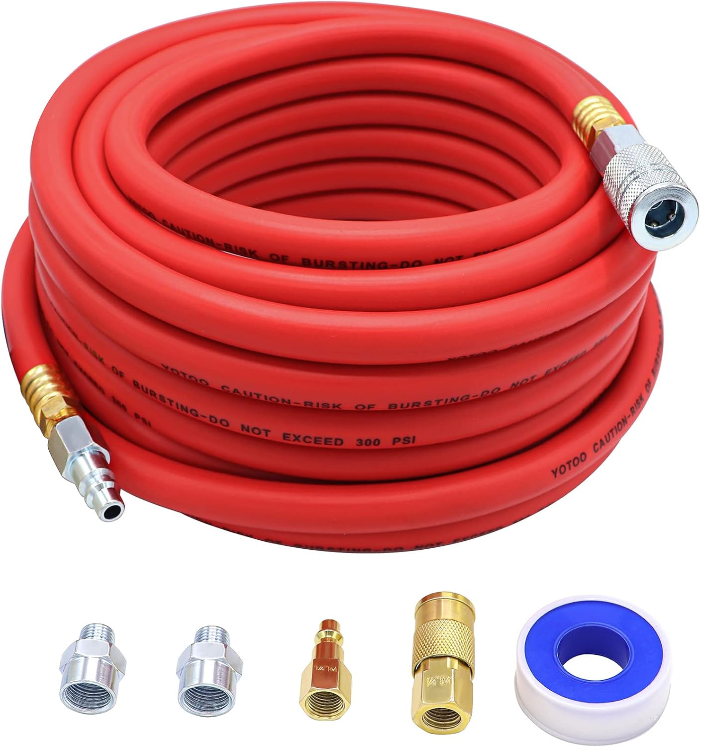 YOTOO Hybrid Air Hose 1/2-Inch I.D. by 50-Feet Long 3/8 inch MNPT Solid Brass Fittings 300 PSI Heavy Duty, Flexible, Kink Resistant with 3/8
