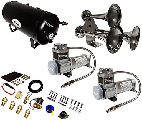 Viking Horns Super Loud 170 Decibels Three Trumpet Train Air Horn Kit, with Dual 200 PSI Air Compressors V103C2X-6-12/307 (Chrome)