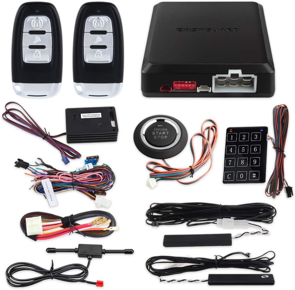EASYGUARD EC002-NS PKE Passive Keyless Entry Car Alarm System Remote Start Starter Push Start Stop Button Touch Password Entry Shock Sensor Alarm