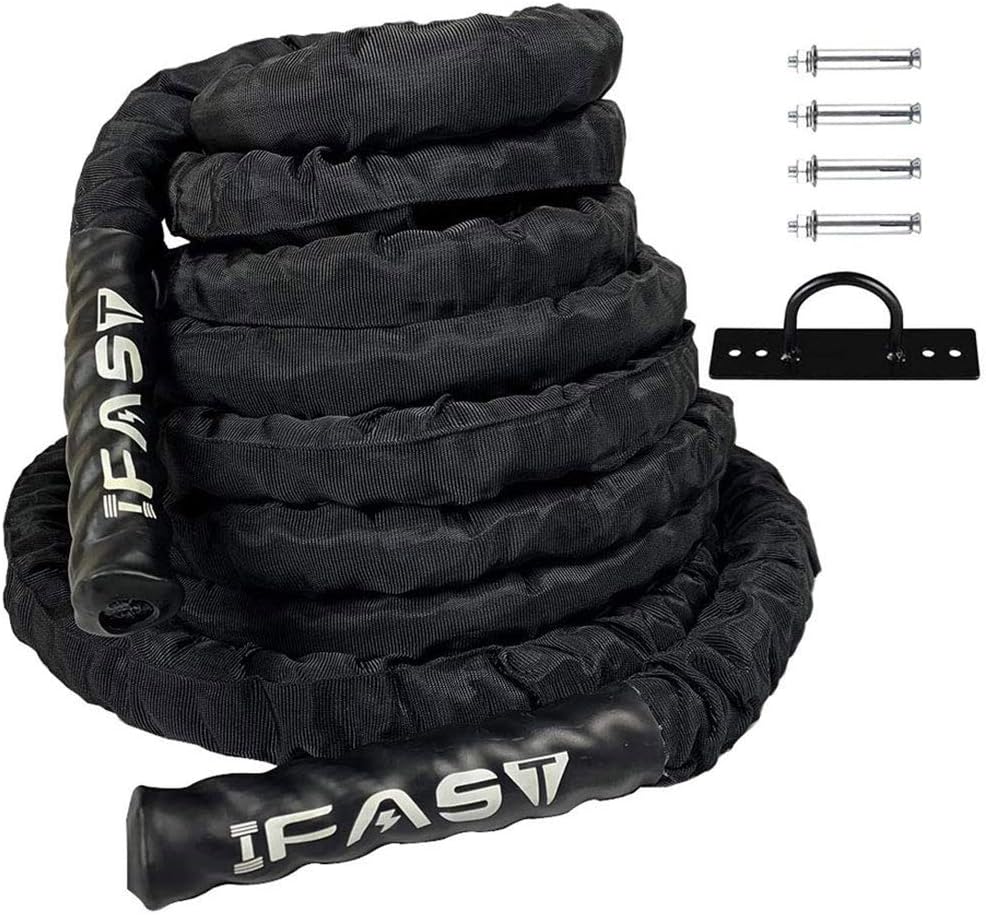 IFAST Exercise Battle Rope with Protective Cover 30ft Length Heavy Dacron Workout Training Ropes for Home Body Building Muscle Pack of 2