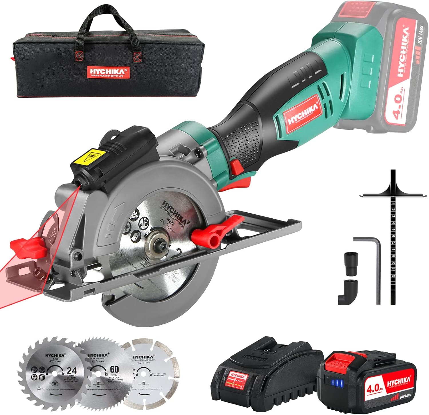 HYCHIKA Cordless Circular Saw,20V Mini Circular Saw with 4.0Ah Battery，3 Blades(4-1/2