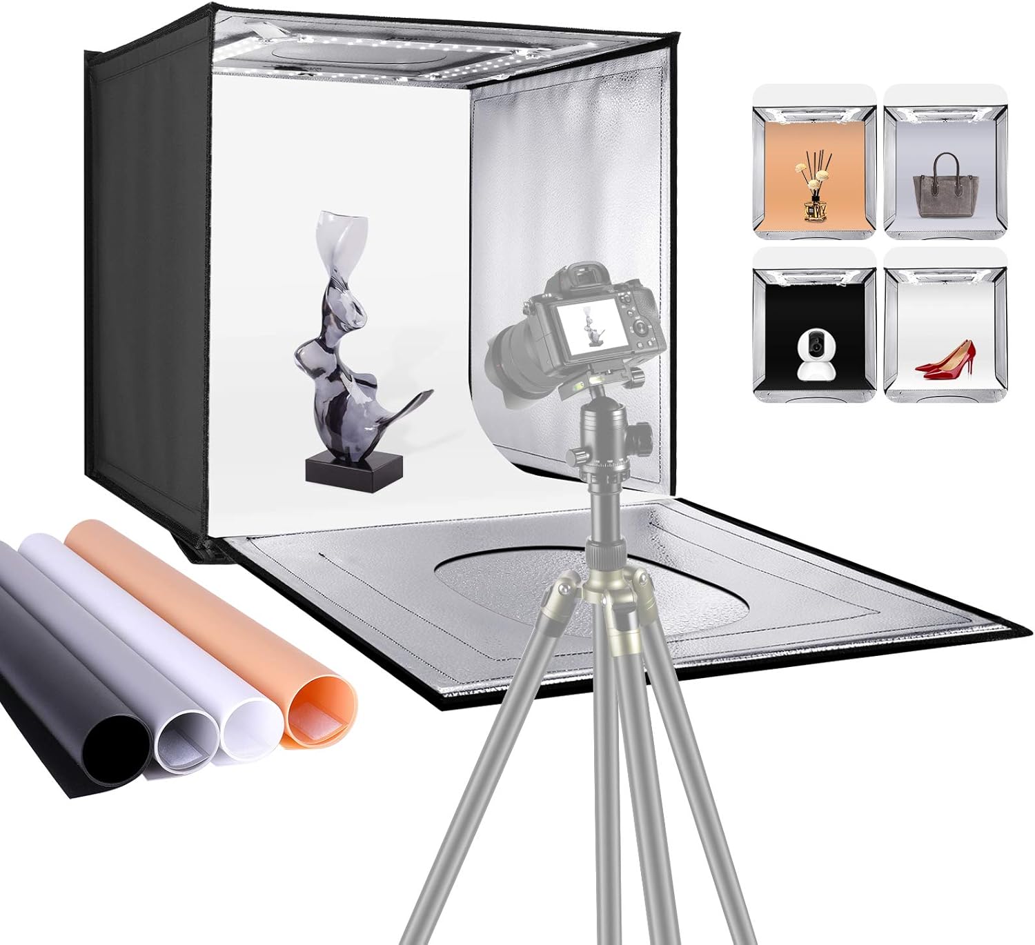 Neewer Photo Studio Light Box, 24” × 24” Shooting Light Tent with Adjustable Brightness, Foldable and Portable Tabletop Photography Lighting Kit with 120 LED Lights and 4 Colored Backdrops