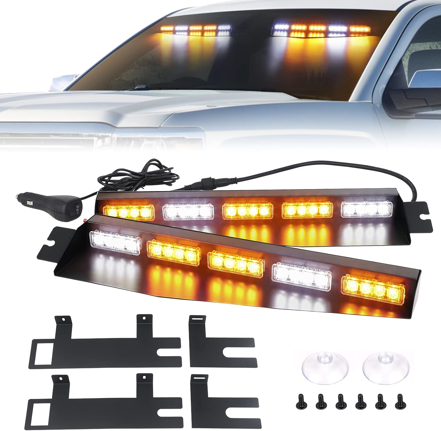 Emergency Visor Lights Green/White Strobe Lights Bar Warning Flashing Safety Interior Windshield for Construction Vehicles Trucks w/ Take Down, Deck Split Mount (34 inches, 40 LED)