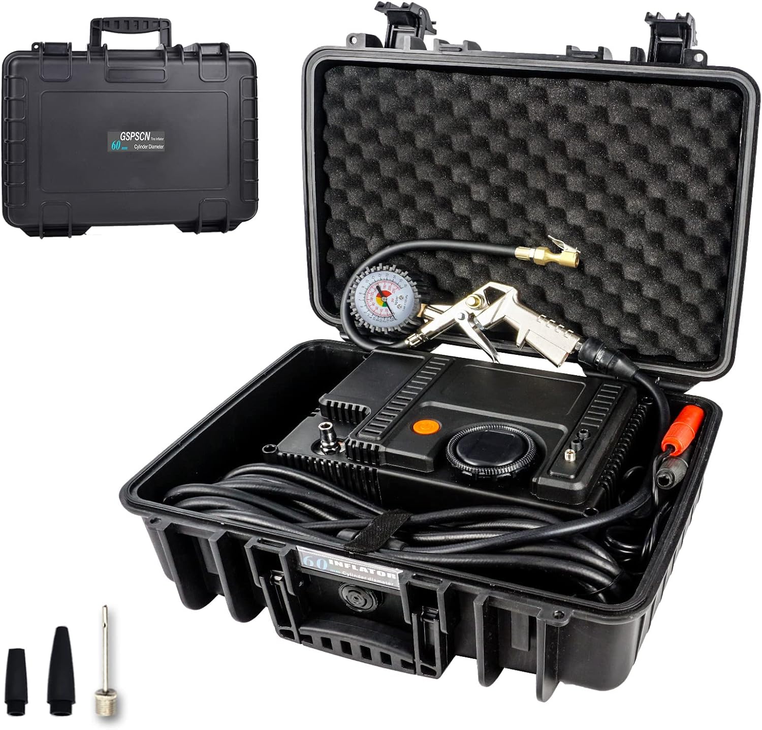 GSPSCN Heavy Duty Portable 12V Air Compressor Kit 180L /min (6.35CFM) Tire Inflator with Tire Pressure Gauge and 8m Extension Air Hose,Carry Box Air Pump for 4x4 Off Road Vehicle, Trucks, RVs, ATVs Pack of 2