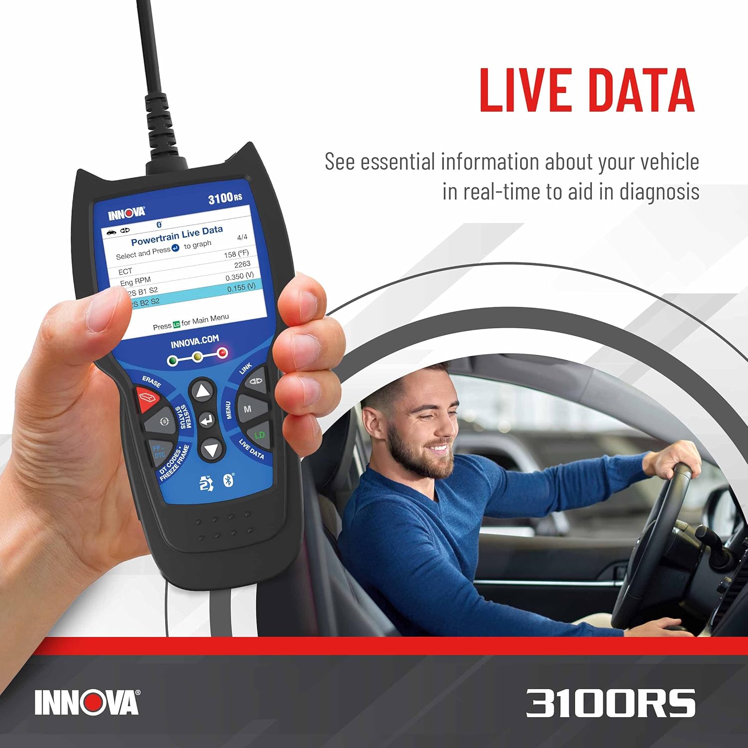 INNOVA 3100RS - Live Data OBD2 Scanner - Read/Erase OBD2 ABS SRS Codes - Reset Oil Light - Fast & Easy to use - Free Updates - Bluetooth w Free RepairSolutions2 App