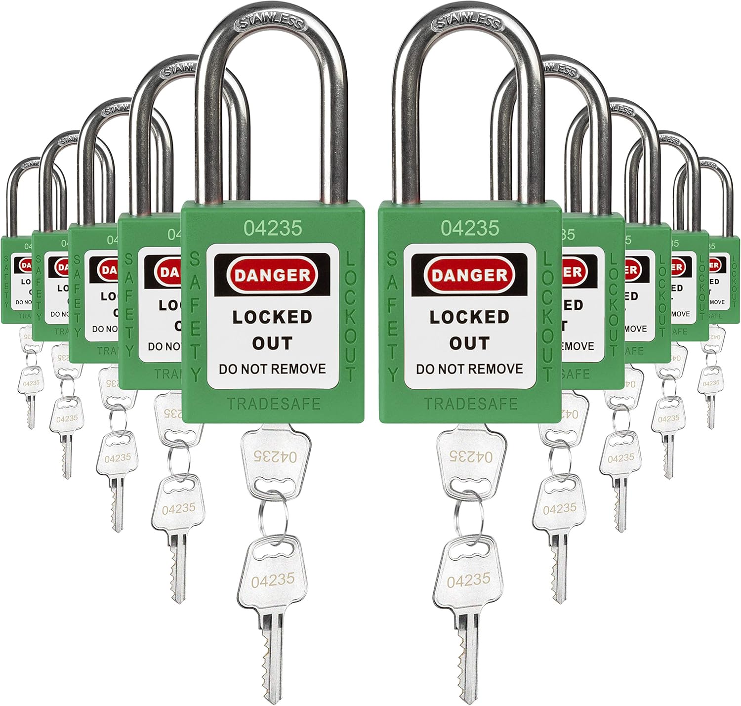 TRADESAFE Lockout Tagout Lock Sets - 10 Pack - Green- Keyed Alike Safety Padlocks - 2 Keys Per Lock - OSHA Compliant Loto Locks - for Lock Out Tag Out Stations - Premium Grade… Pack of 2