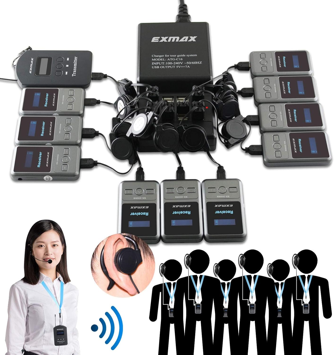 EXMAX EX-200N UHF Wireless Tour Guide Church Translation Systems Hands-free Transmitter Receiver 200 Channels for noisy workshop, Training - 1 Transmitter & 10 Receivers & 16-port USB Charge Station