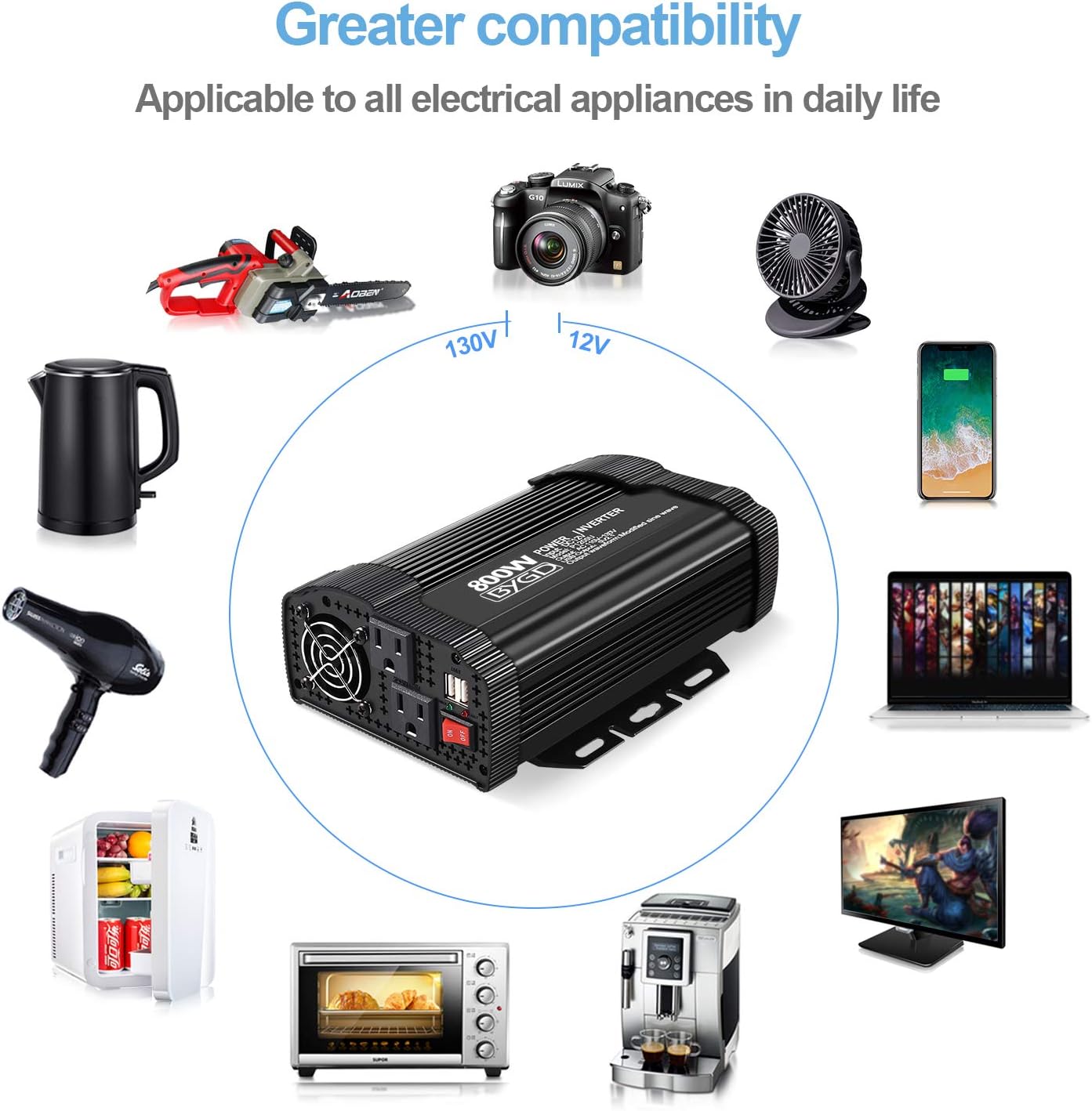 BYGD 800W Power Inverter Truck/RV 12V DC to 110V AC Converter with Dual AC Outlets 2*2.1A USB Ports Car Inverter Pack of 2