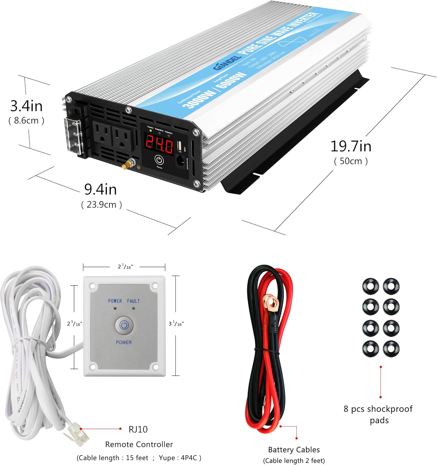 24V Pure Sine Wave Power Inverter 3000Watt DC 24V to AC120V with Dual AC Outlets with Remote Control 2.4A USB and LED Display